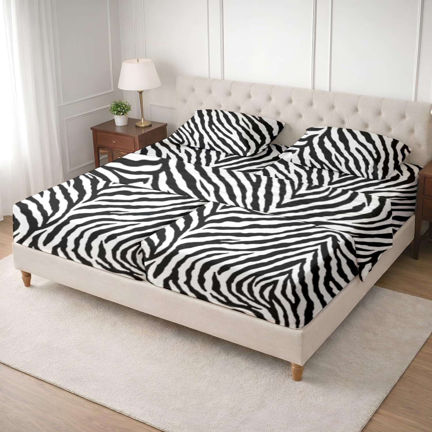 SGI Split King Sheet Set for Adjustable Bed Egyptian Premium Cotton 600 Thread Count Sheets for Sleep Number Bed 15" Deep Pocket 5 Pc Set with 2 Twin XL Fitted Sheets Soft Breathable -Zebra Print