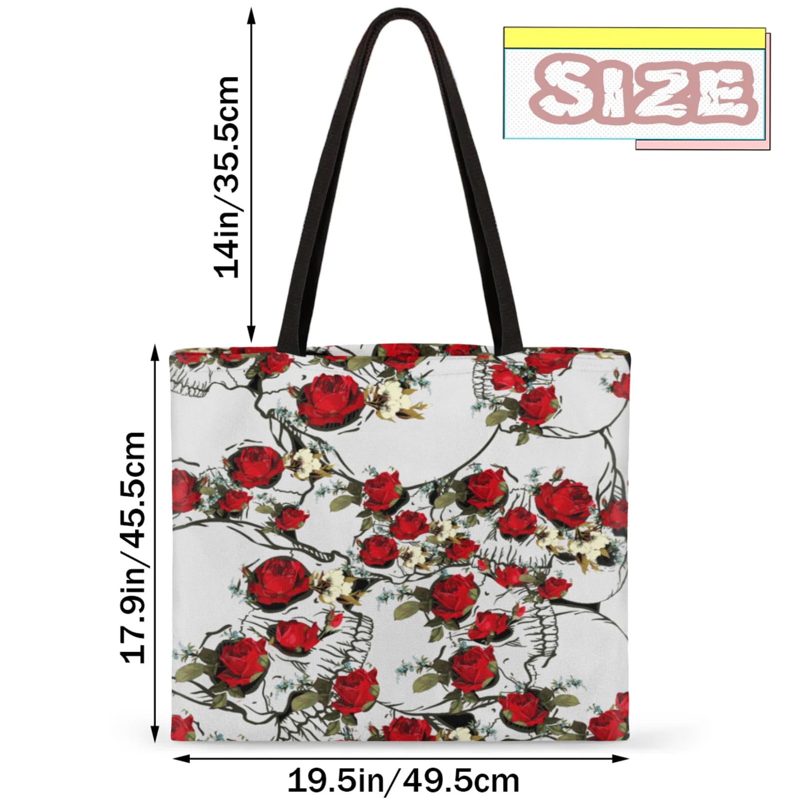 Mularoka Rose Skulls Square Canvas Tote Bag Top Handle Purses Stylish Women Canvas Shoulder Tote Bags Reusable Handbags for Work Travel Picnic Beach Shopping Gym Hiking