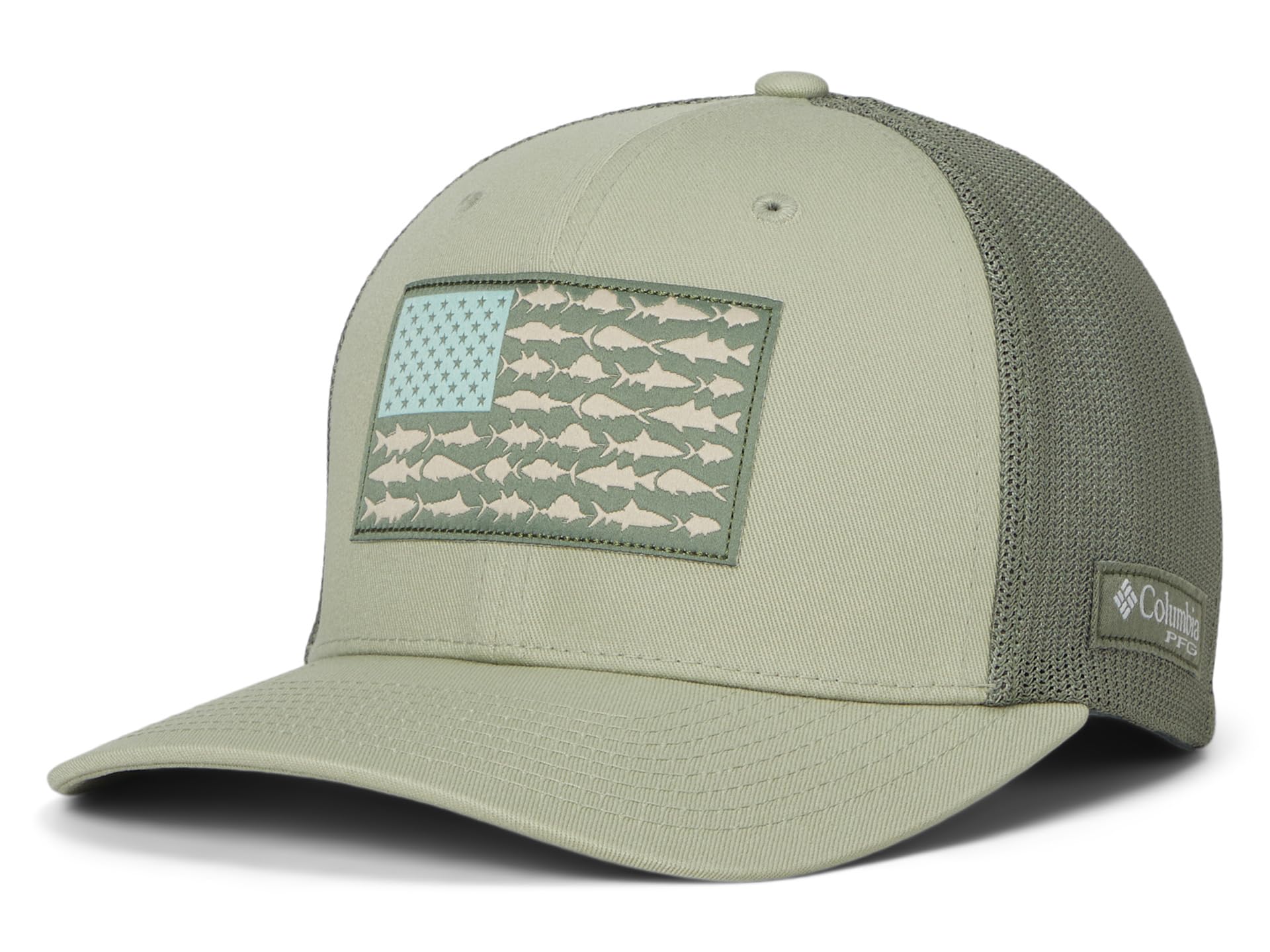 Columbia PFG - Cappellino da Baseball Unisex in Tessuto a Rete, con Bandiera coi Pesci, Verde Fumo/cipresso, S/M