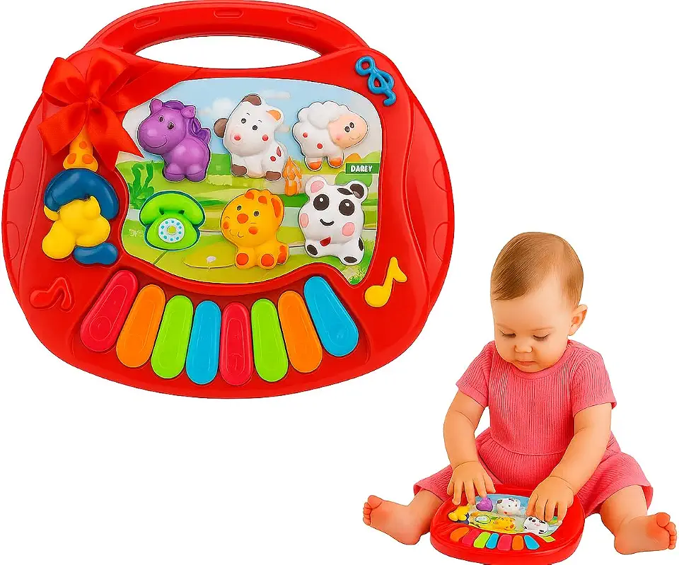 Piano Musical Infantil Educativo, Colorido, com Animais e Teclado Musical, Teclado Português e Inglês, Brinquedo para Bebês e Crianças (Vermelho)
