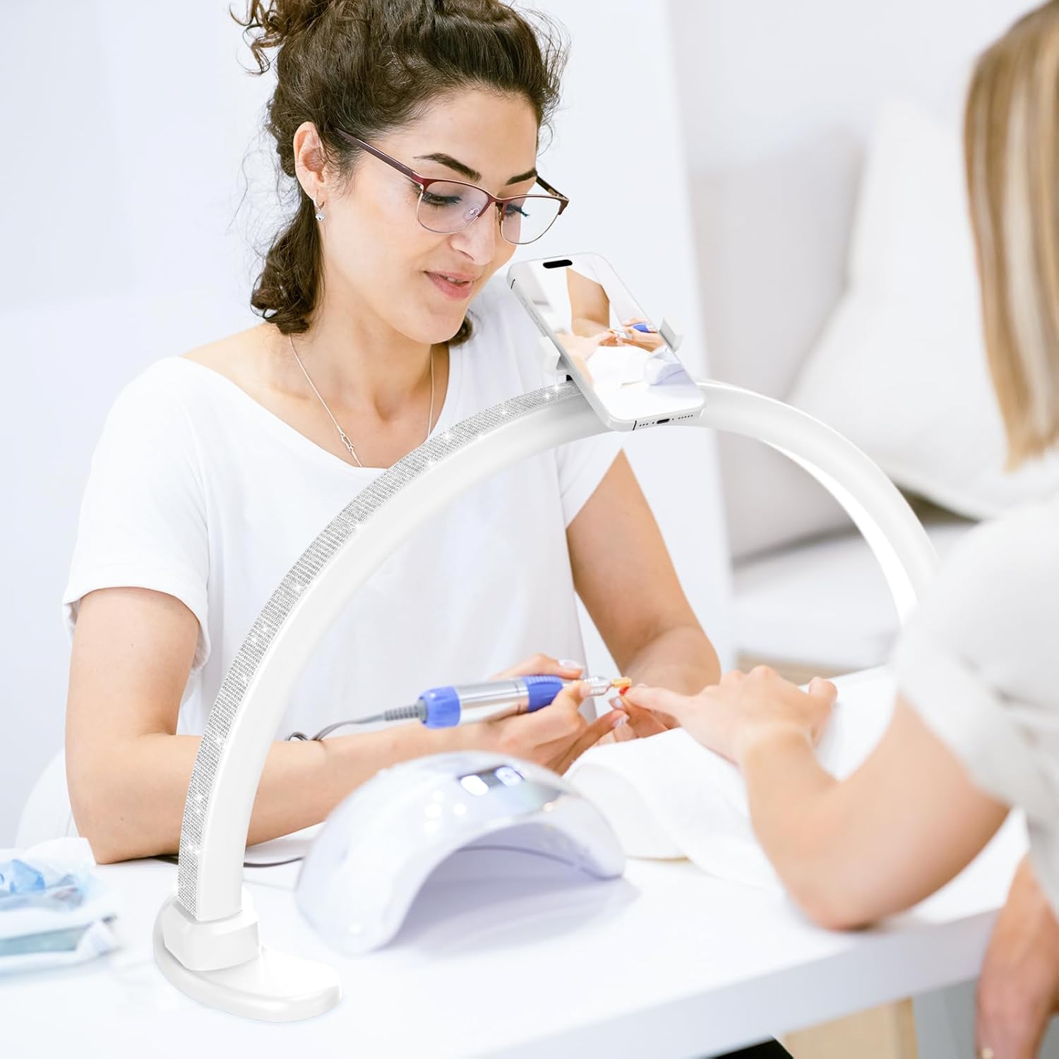 Large Half Moon LED Light for Table Nail Desk Lamp, Upgrade Arch Light for Nail Techs with Phone Stand Perfect for Nails Tech Manicure (Black)