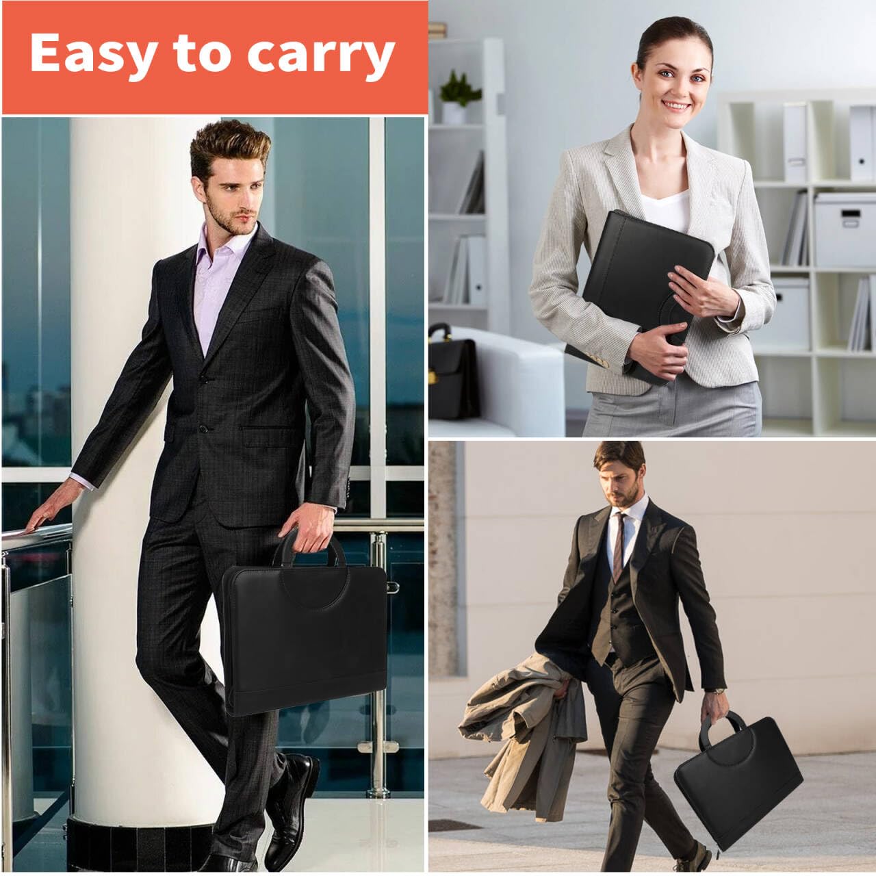 Cartella Portadocumenti A4 Zipper in Pelle con Manici Magnetici Pieghevoli, 2 Scomparti, Supporto Tablet, Nero