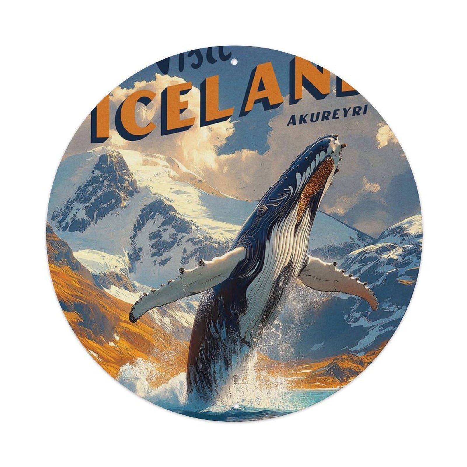 Marine Animals Humpback Whale Iceland Akureyri Vintage Travel Vintage Metal Tin Sign Plaque Wall Decor for Cafe, Club Bar, Office, Garden Metal Poster 8x8Inch