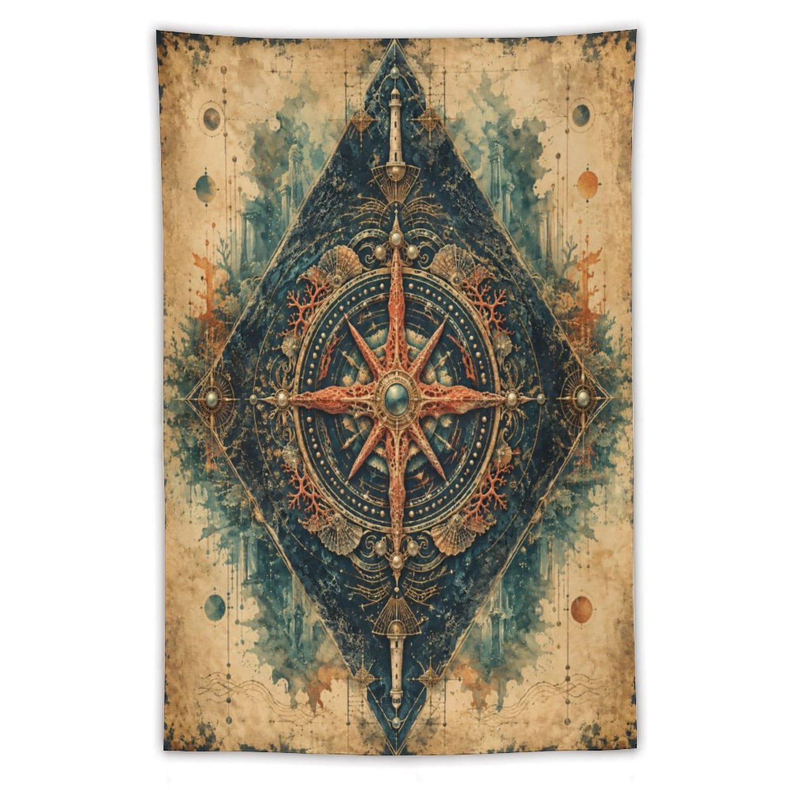 W7C8U2X3 Geometric Compass Rose Wall Tapestry, Cubist Art Style