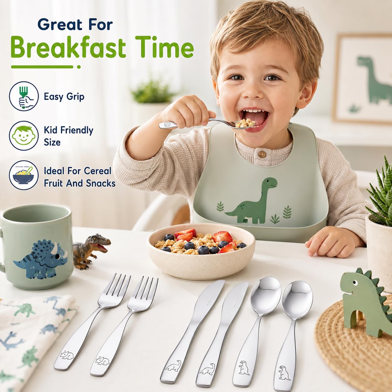 EXZACT Kinderbesteck 12 teiliges aus rostfreiem stahl/spülmaschinengeeignet Gravurbesteck - 4 x Gabeln, 4 x Sicherheitsmesser, 4 x Esslöffel - Dinosaurier (12 Stk Dinosaurier)