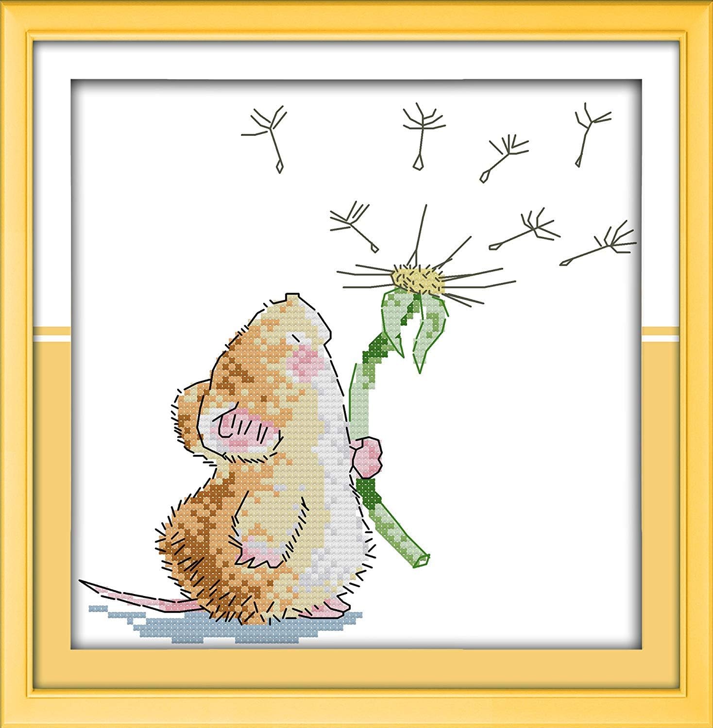 Cross Stitch Kit with Stamped Fabric DIY Embroidery Kits for Beginners Children & Adults with 11CT Printed Pattern Cute Animals Home Decor - Mouse and Dandelion