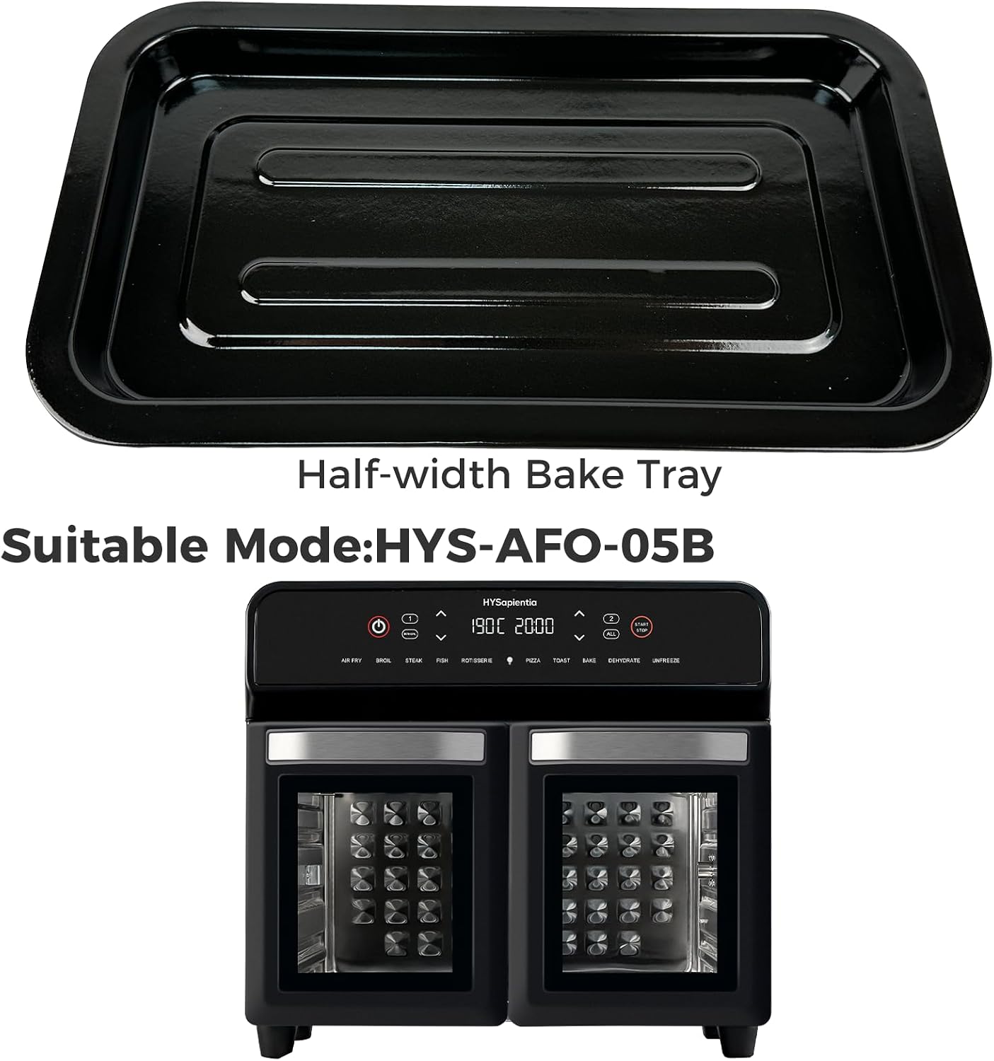 HYSapientia Half-Width Bake Tray shown with compatible HYS-AFO-05B air fryer