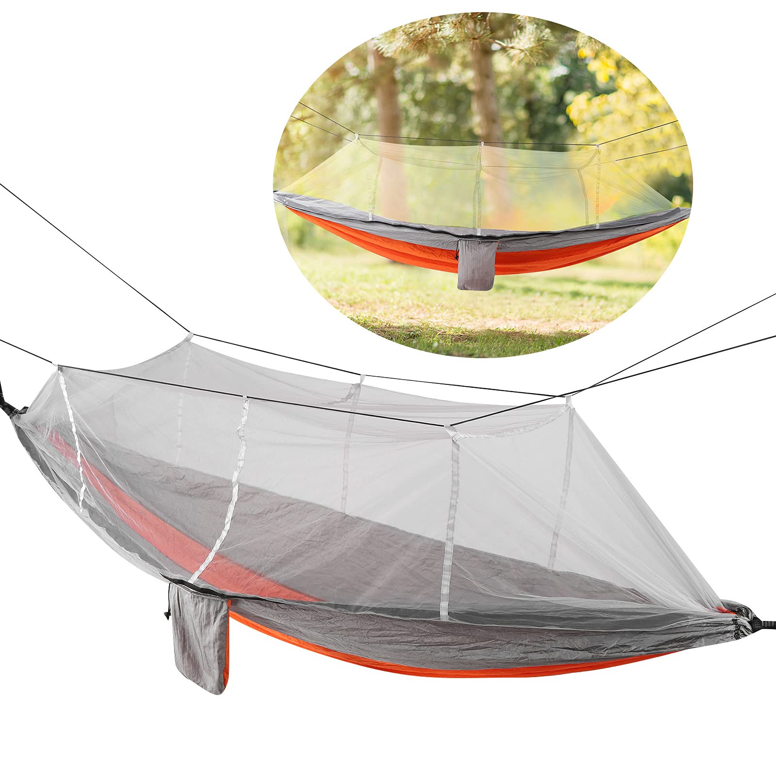 Amaca da campeggio singola doppia con zanzariera Amaca portatile leggera con cinghie per albero (Rete arancione e grigia)
