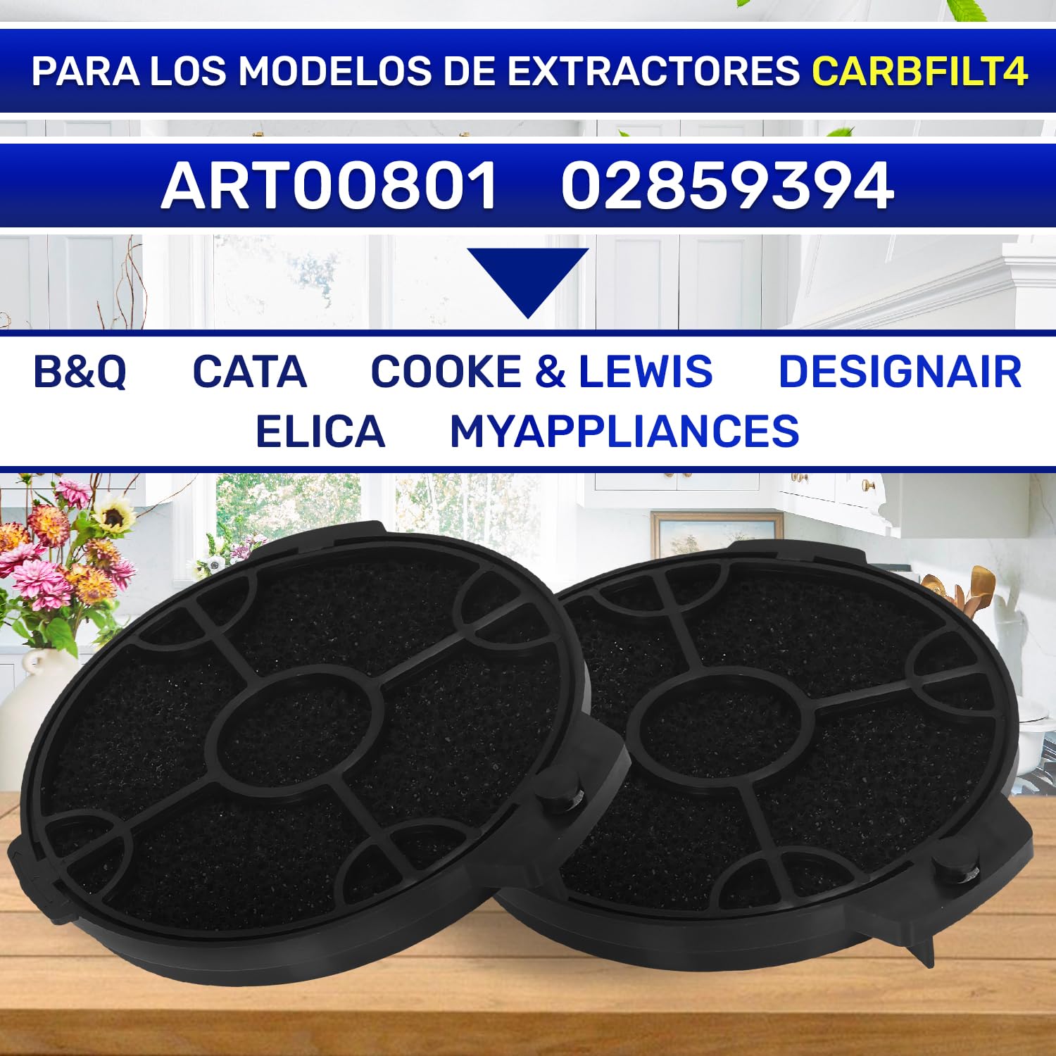 2 Piezas Filtros Carbon Campana Extractora Ø130 mm ART00801 para B&Q | 02859394 para B&Q para Cata para Cooke & Lewis para Designair para Elica para MyAppliances - MONTERAL