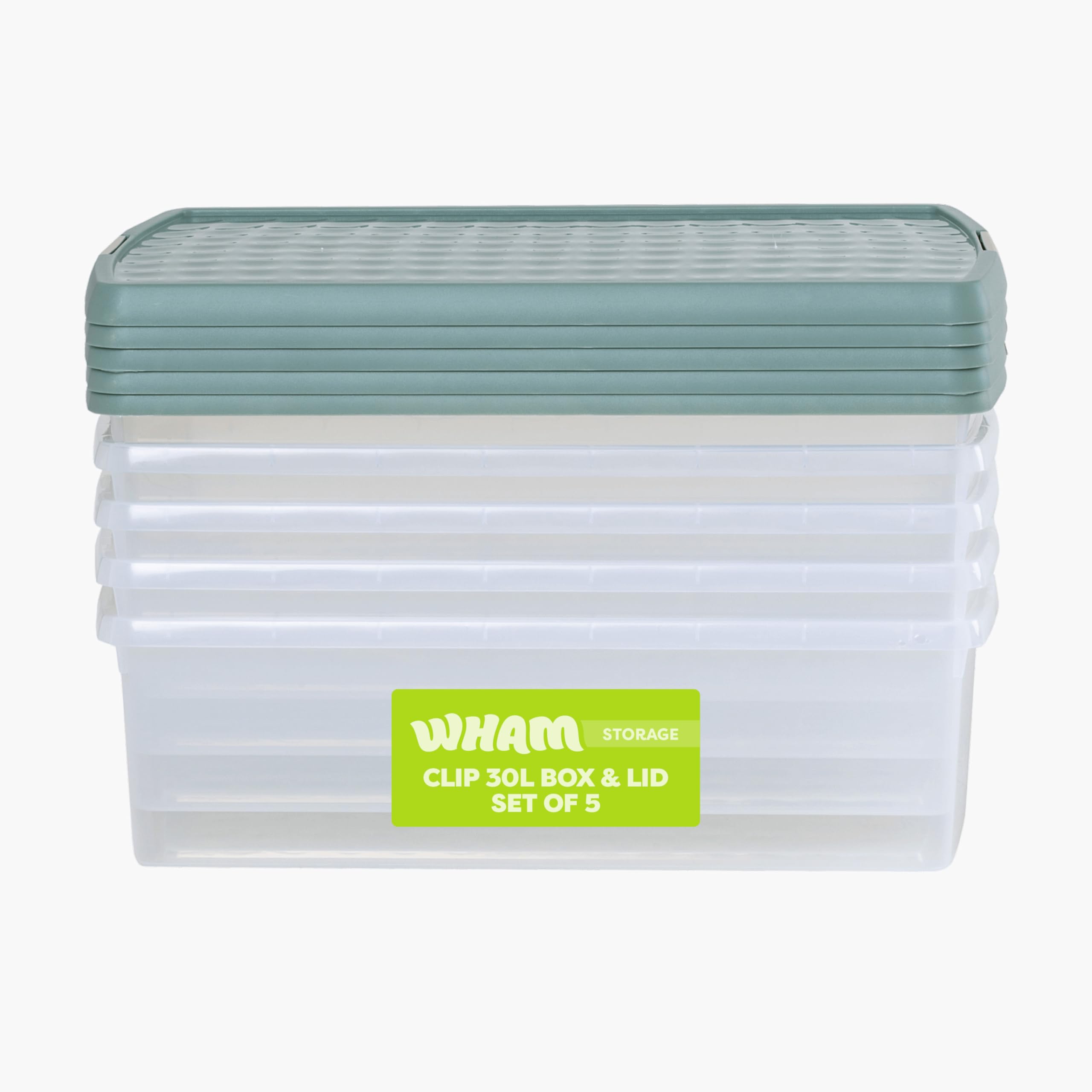 Wham Clear/Green Milieu Clip 5 X 30L Rectangular Stackable Plastic Storage Boxes With Lids | Ideal For Home, Office, Toys & More | Storage Containers With Clip Locks | Made In Uk
