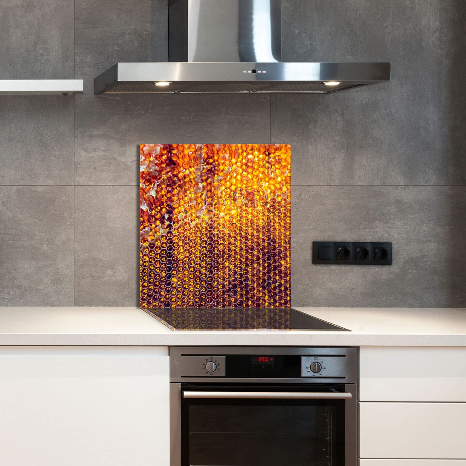 Szklany panel ochronny do kuchni Lacobel, szklana płyta ochronna na kuchenkę, 60x65 cm, szklana deska do krojenia, ochrona przed rozpryskiwaniem, uniwersalna, MIÓD