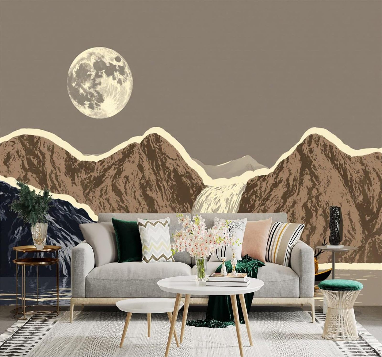 Xlming 400Cm×280Cm(B×H) Full Moon Mountain Peaks Waterfall Small Boat Deer 3D Wallpaper Silky Texture Home Study Office Grey Dining Room Sofa Bedroom Living Room Tv Backdrop-400Cm×280Cm