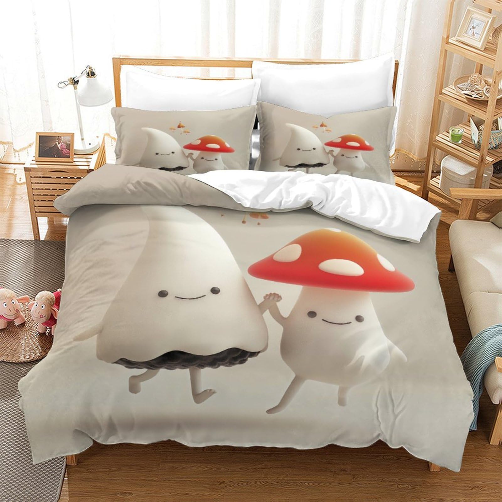 P1S9U7W5Y Cute Mushroom Cartoon 3D Printed Duvet Cover Set 3pcs Microfiber Mushroom Bedding Set Super king（260x220cm）