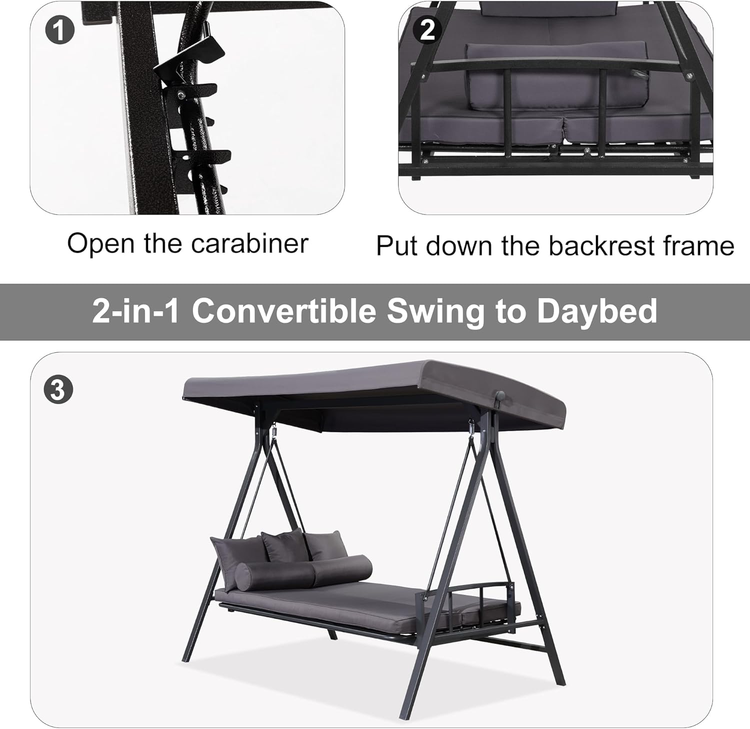 Two-step diagram showing how to convert the swing to a daybed: 1. Open the carabiner, 2. Put down the backrest frame.