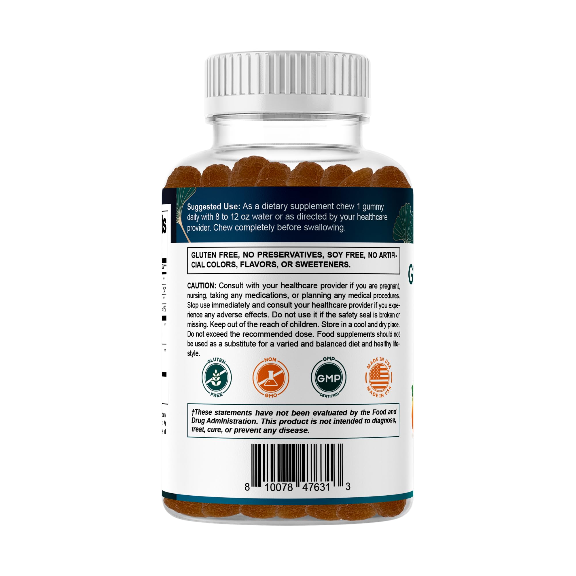 Vitamatic Ginkgo Biloba & Bacopa Gummies – Plant-Based Botanical Extract – Natural Peach Flavor – Vegan, Non-GMO, Gluten-Free – Herbal Supplement – 60 Count — Amazon image 8