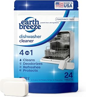 Earth Breeze Dishwasher Cleaner Tablets – 4-in-1 Cleans, Deodorizes, Refreshes & Protects – Removes Odor, Buildup & Residue – Fragrance Free, No Harsh Chemicals, Safe for All Dishwashers - Made in USA