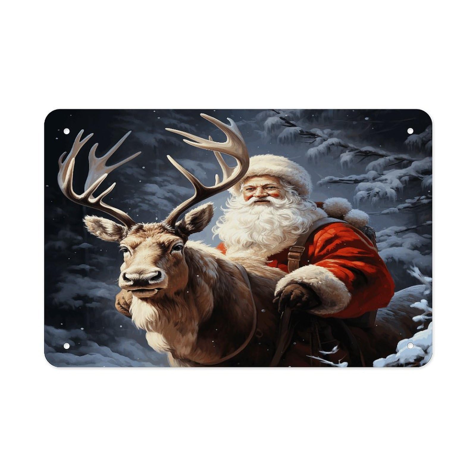 Santa Claus And Deer Elk Metal Tin Sign 12"x8" Wall Art Prints Poster Decorative Picture Metal Signboard Decor Painting Folded Edge Iron Sheet Painting with Holes for Wall Decor