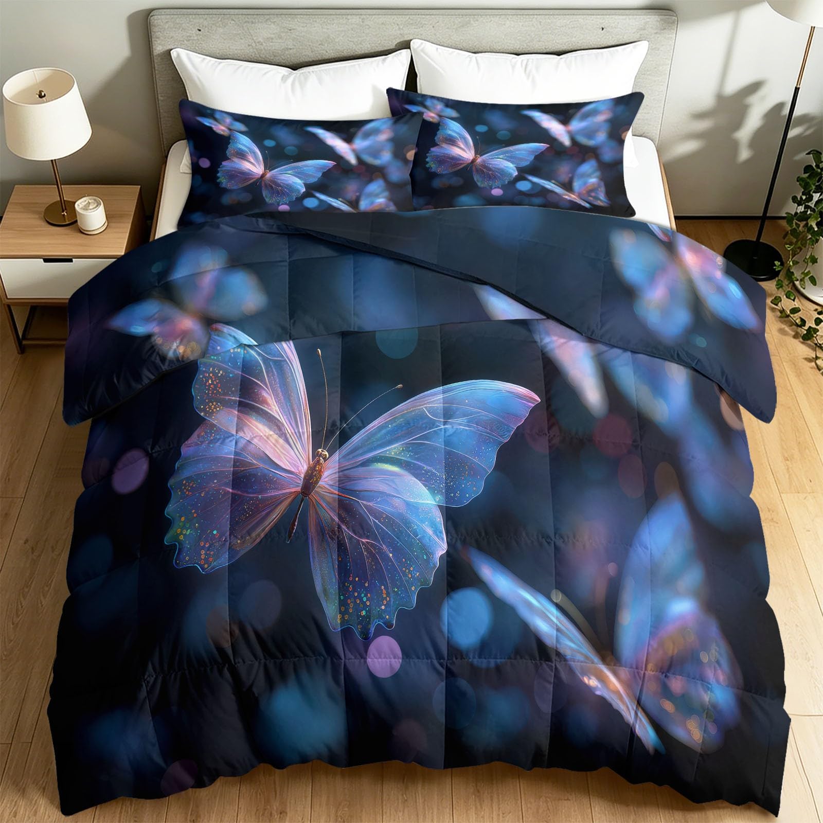 Edredón doble sin funda de edredón de 4,5 tog, edredón de verano con estampado de fantasía de insectos con funda de almohada a juego, mariposa brillante de ensueño, manta de verano ligera, lavable a