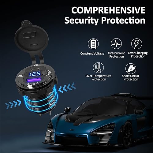 Miniatura 6 de 12V USB Outlet Qidoe 18W Carga rápida 3.0 y 20W PD con interruptor voltímetro cargador de aluminio para coche marino camión, motocicleta, barco