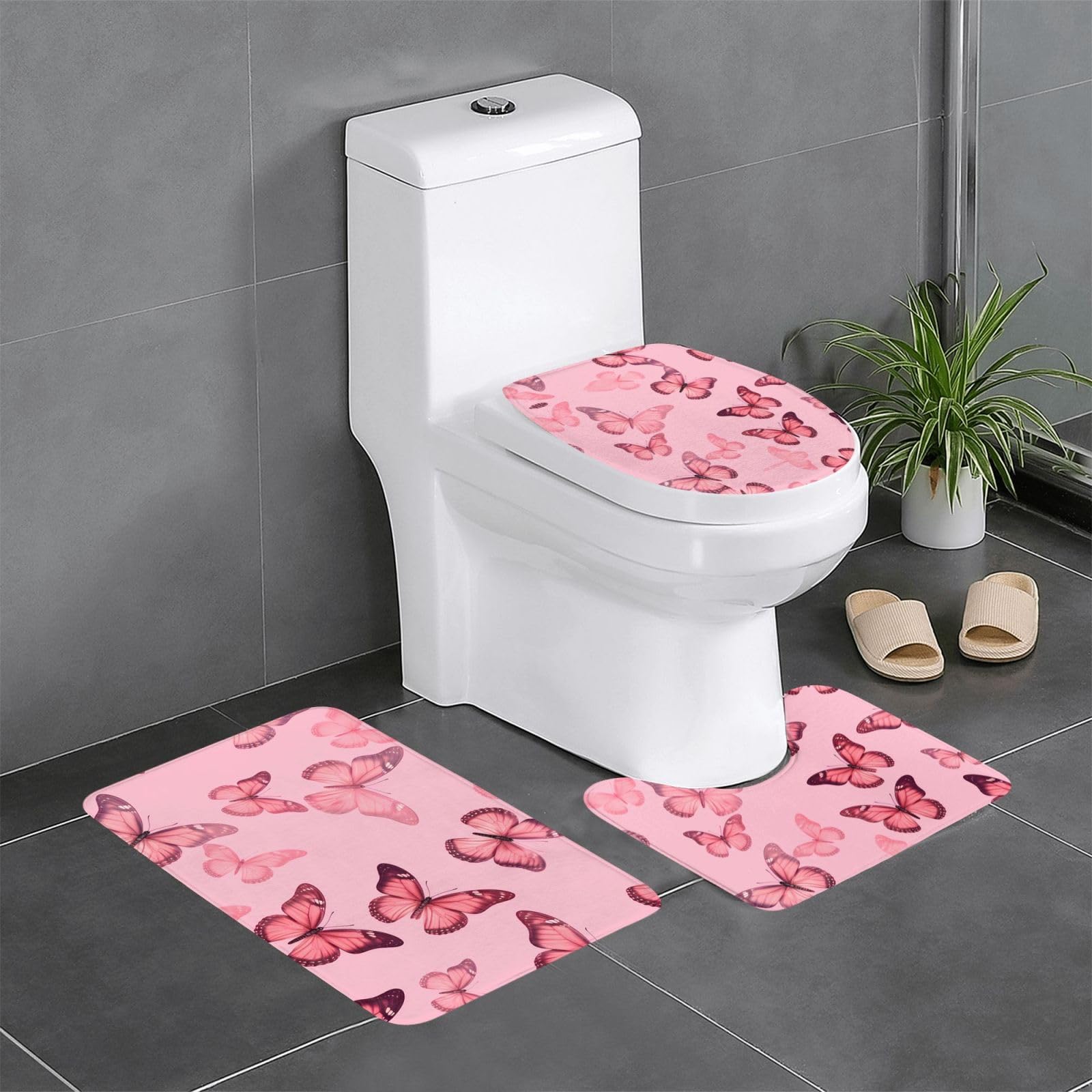 Tapis de salle de bain 3 pièces papillons avec envers antidérapant pour WC et vasque