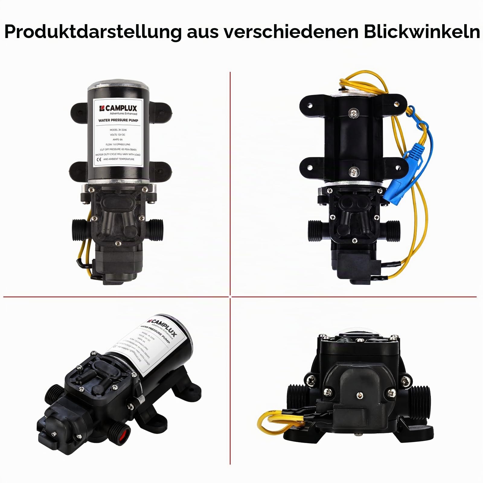 CAMPLUX 12V Wasserpumpe 6L/min, Selbstansaugende Druckwasserpumpe, für Wohnwagen, Boot, Heißes Wasser System, 4.5 Bar/ 65 PSI Schwarz