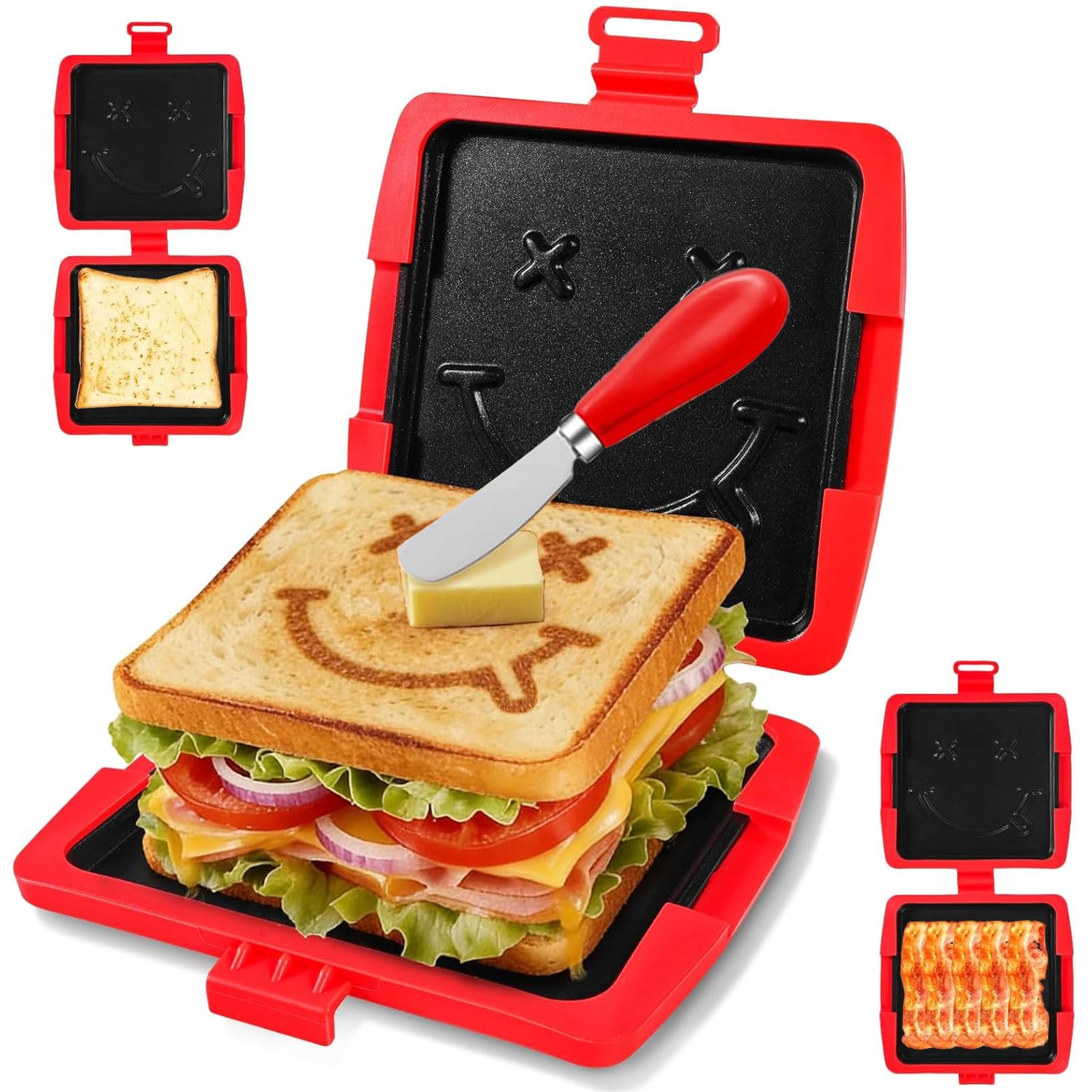 Microwave Sandwich Maker, Toastie Maker with Smiling Face, Panini Maker for Quick Cooking Breakfast, Grilled Cheese, Panini Presses for Home, Travel, Office, Dorm, Easy to Clean and Store (Red)