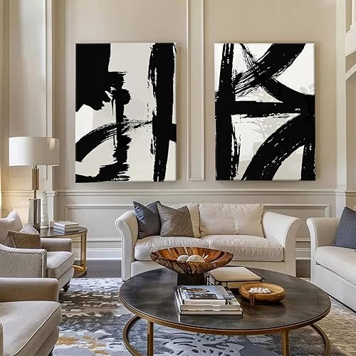 Miniatura 2 de Lienzo de pincelada en blanco y negro, arte de pared, moderno, abstracto, minimalista, línea de tinta, pintura, pintura geométrica de mediados de