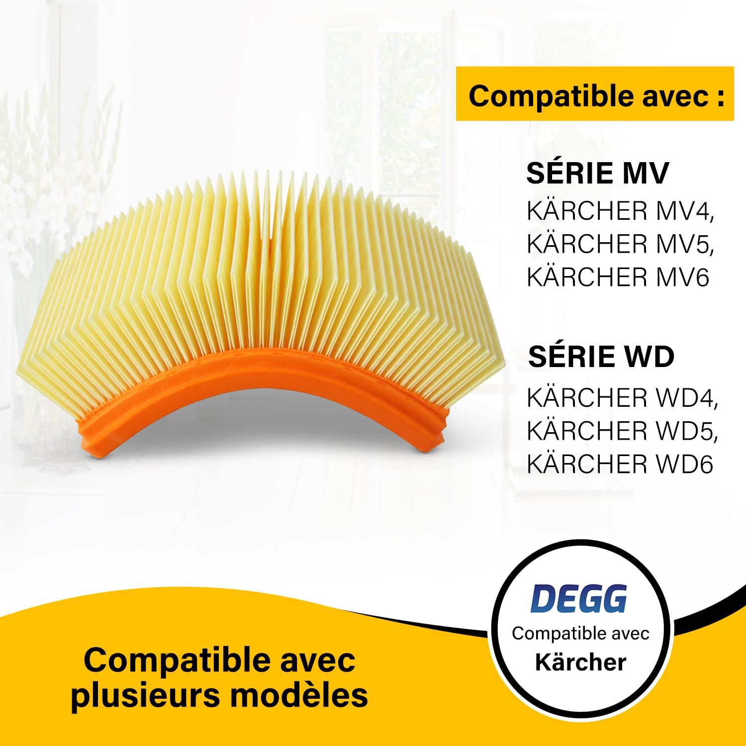 DEGG Filtres Plissés Plats - Compatible avec aspirateurs Kärcher WD4, WD5, WD6, MV4, MV5 et MV6 - Filtre de rechange 2.863-005.0 - Ajustement perfait - Accessoire pour aspirateur - Lot de 2