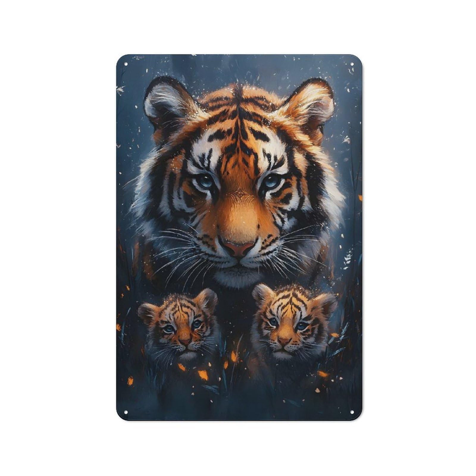 Junmoney Tiger Family Portrait Metal Wall Plaque With Design 30X20cm, Retro Novelty Wall Art For Bedroom, Kitchen, Office Or Living Room