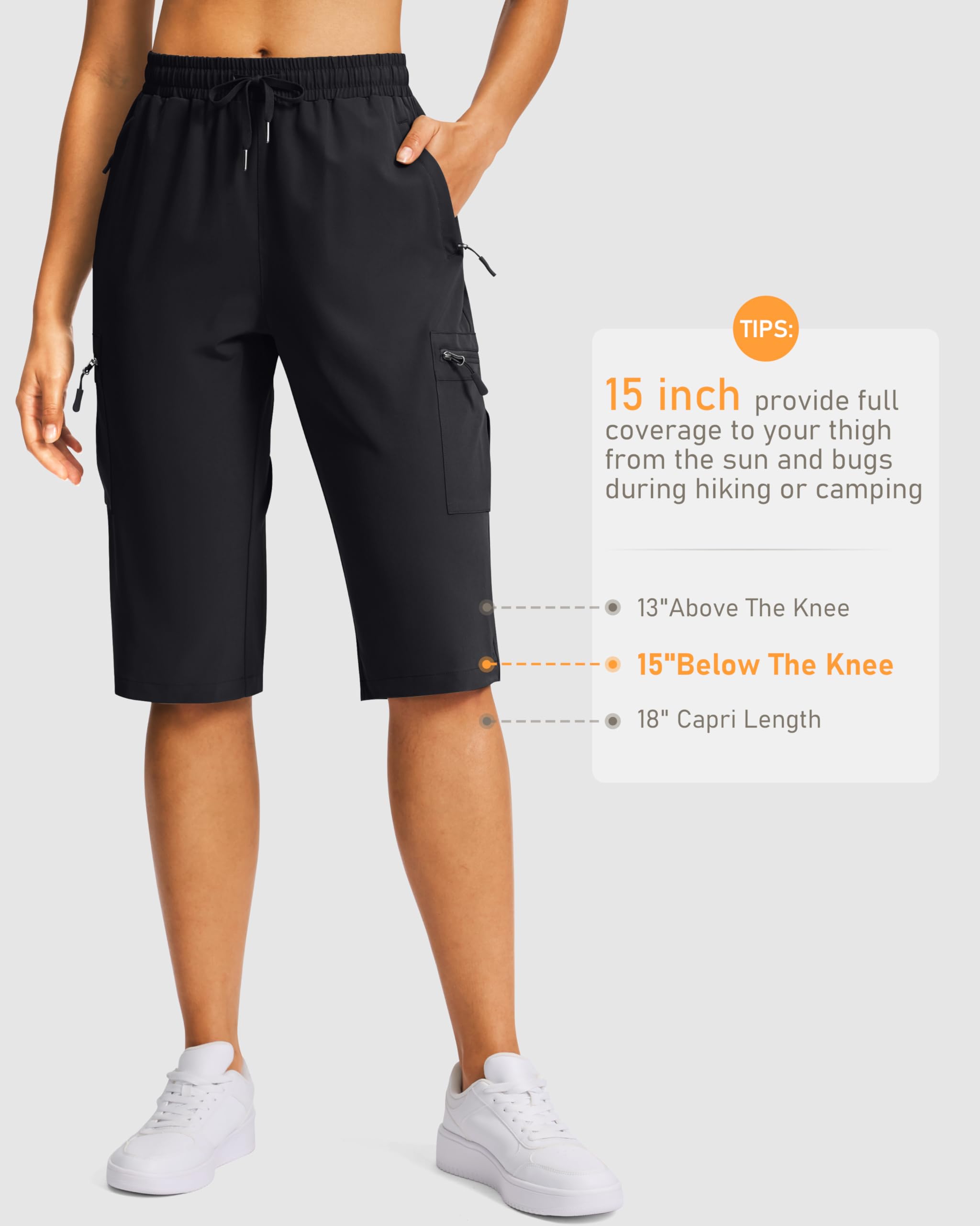 SANTINY 15" Long Shorts for Women Hiking Cargo Bermuda Shorts with 5 Zipper Pockets Lightweight Quick Dry Knee Length Capris - 3