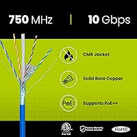 Vista 2 de TRUE CABLE Cable Ethernet a granel de elevación blindada Cat6A, 1000 pies, azul, cobre sólido desnudo 23 AWG, 750 MHz, F/UTP, PoE++ 100 W