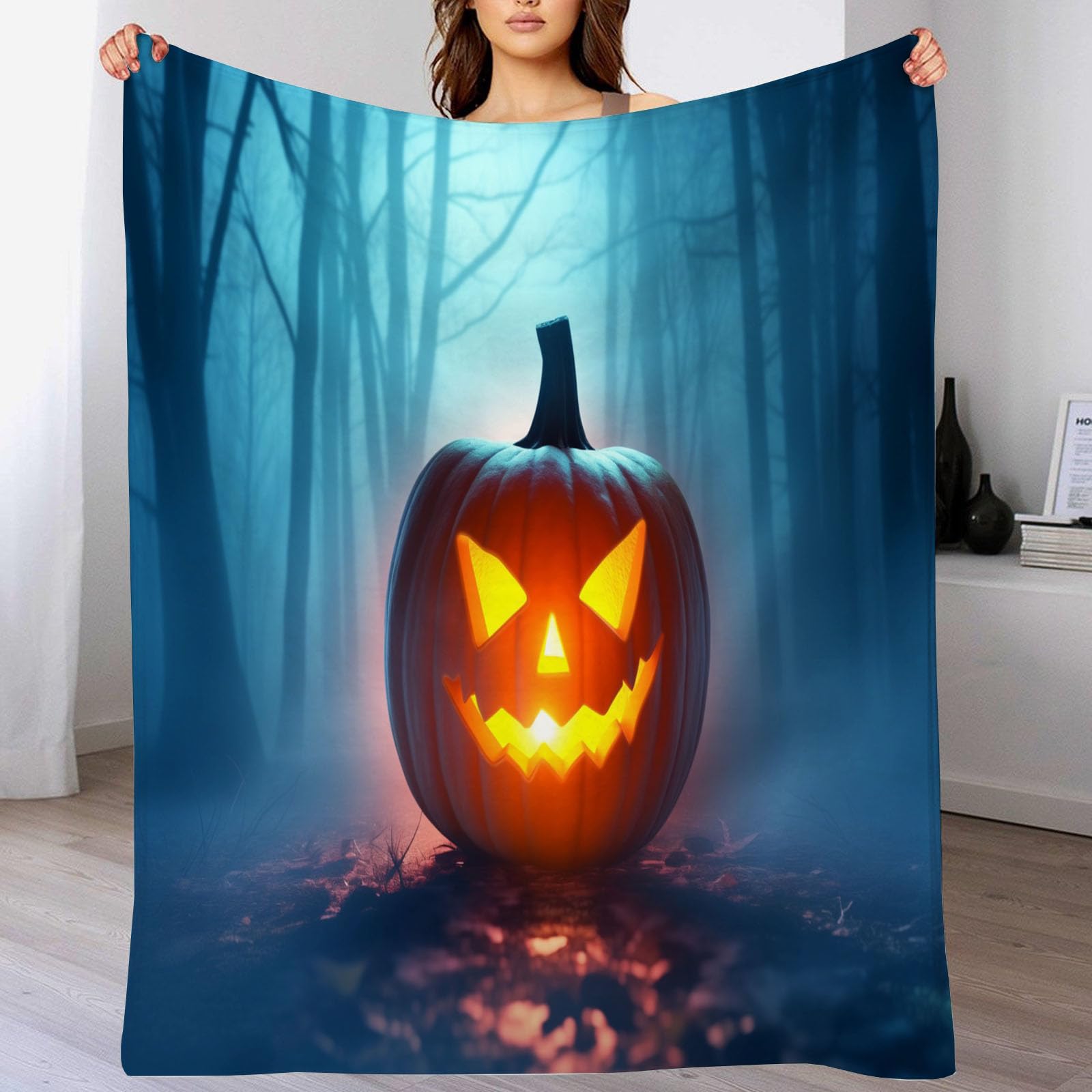 Plaid Halloween citrouilles et forêt en flanelle bleue de 150x200cm pour lit et canapé