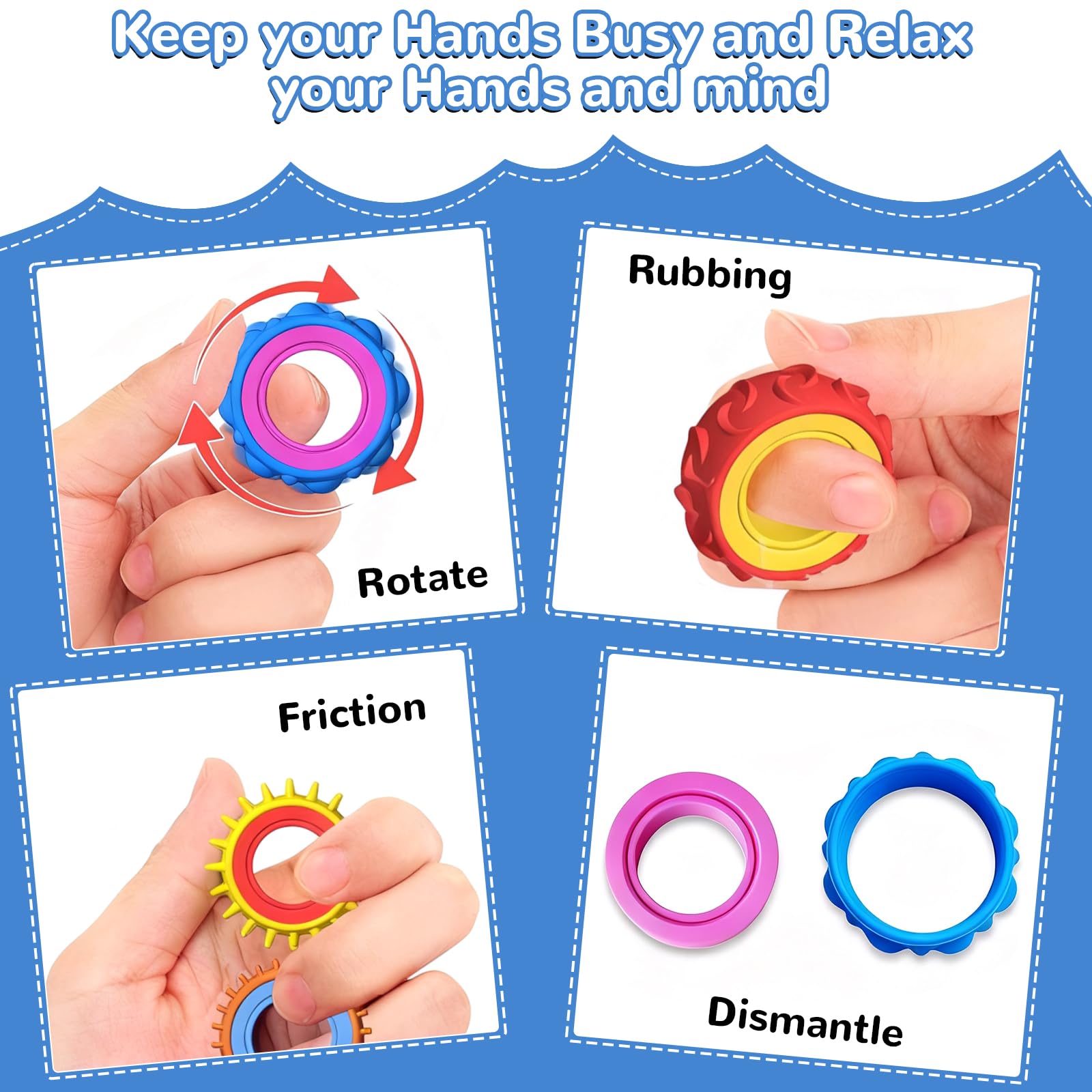 Fidget Ring Zabawki dla dzieci Dorośli Finger Spinner Rings Pomoc w koncentracji dla dzieci Szkoła Uspokajanie stresu Lęk Antystres Zabawka z autyzmem Fidget Squishy Toy Children 3 lata i więcej 12Pcs