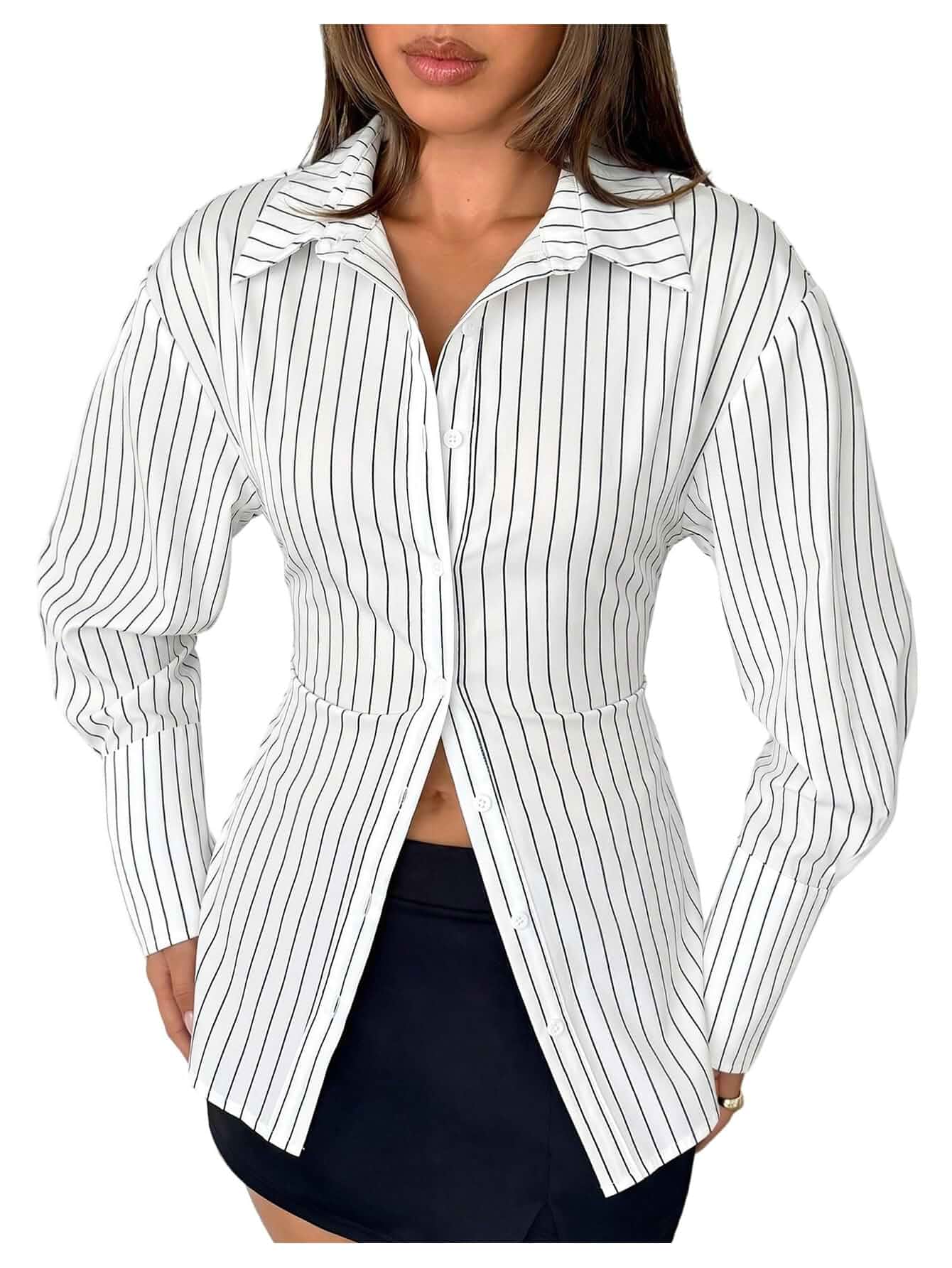 Floerns Women's Striped Long Sleeve Button Down Shirts Lace Up, Striped, Cinched Waist, Business Casual Office Work Blouses Tops, Fall Fashion