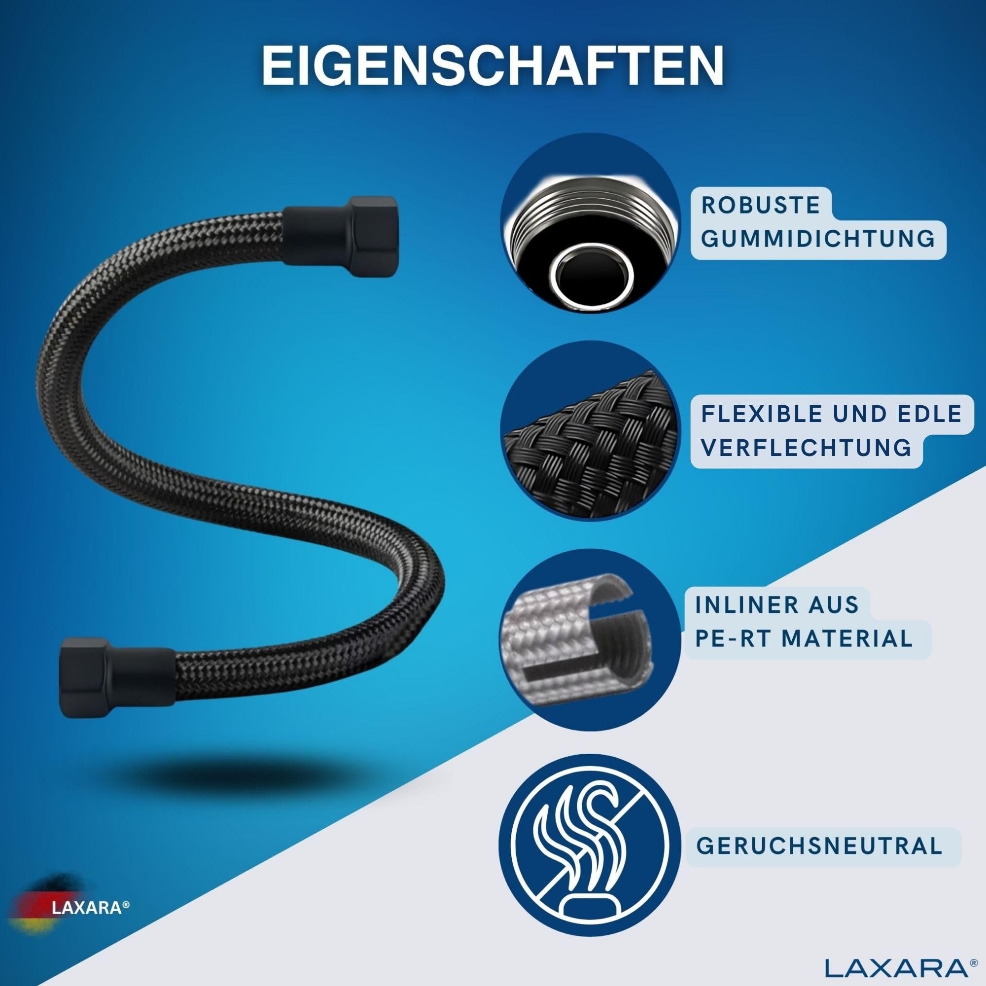 LAXARA DVGW Premium Coloured Flex Hose Black and White 3/8 Inch to 1/2 Inch Outer Diameter on Both Sides in Selectable Styles (1/2 Inch Black - Image 3