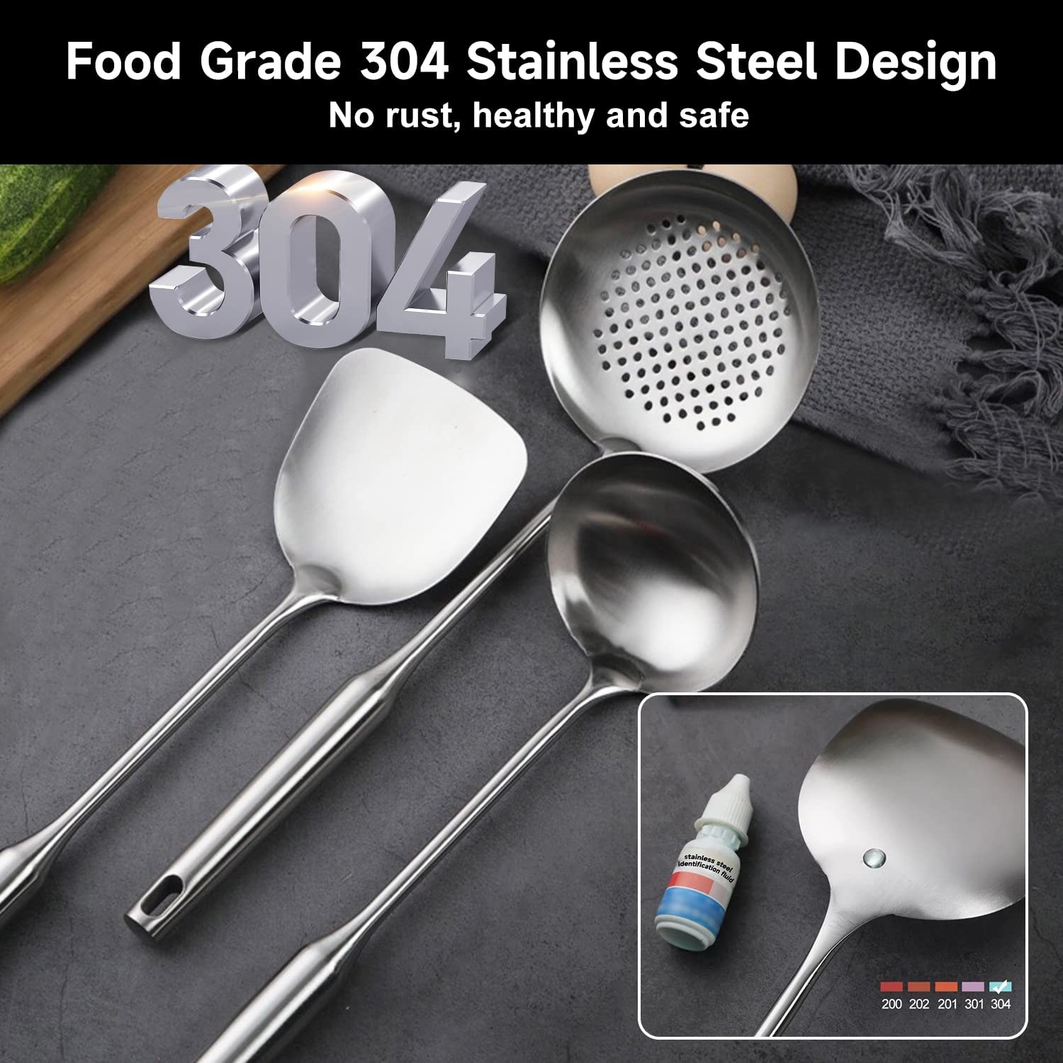 Espátula de wok de acero inoxidable, utensilios de wok para acero al carbono, juego profesional, 3 piezas de acero inoxidable 304, todos los de metal