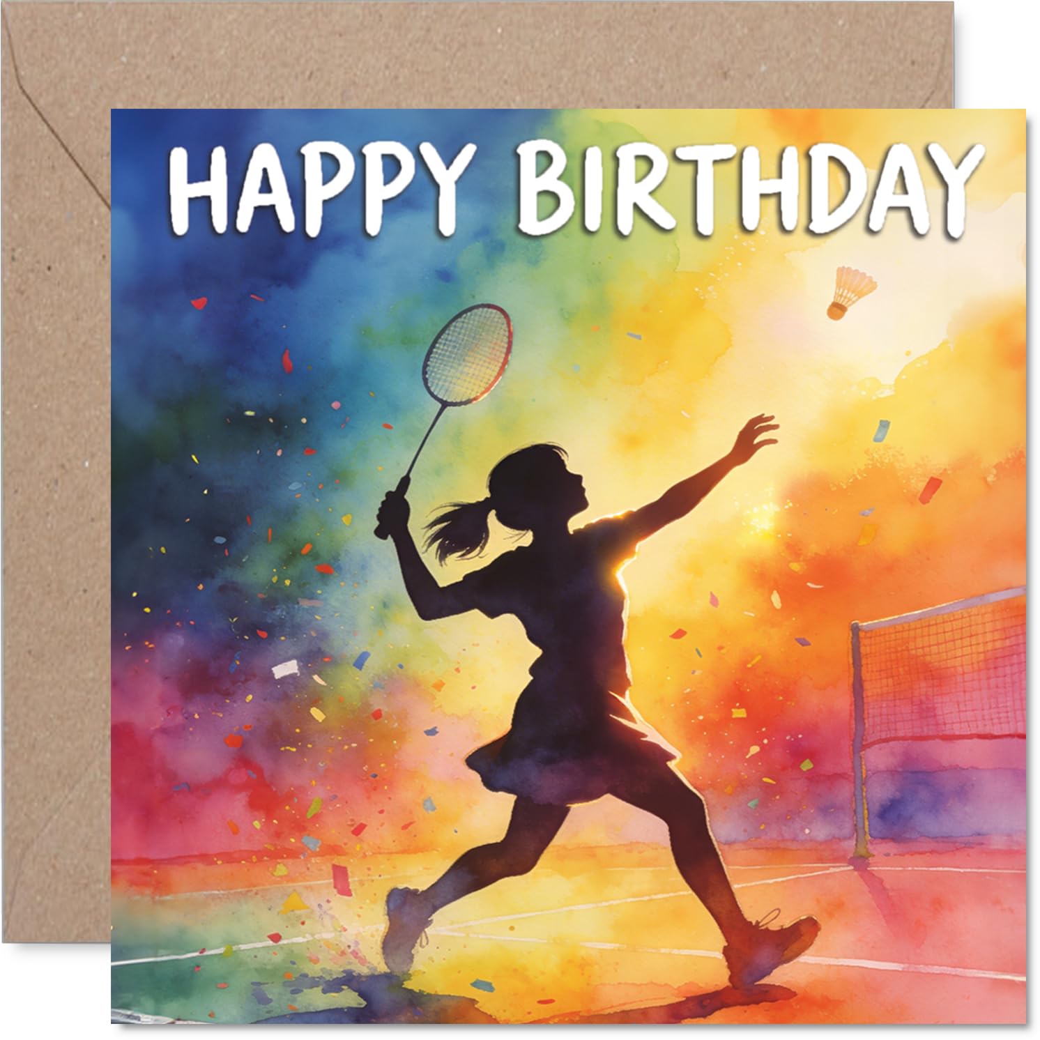 Playful Birthday Card - Serve Up Birthday Cheer - Vibrant Silhouette of a Girl Smashing a Shuttlecock - 145mm Square, Envelope Included