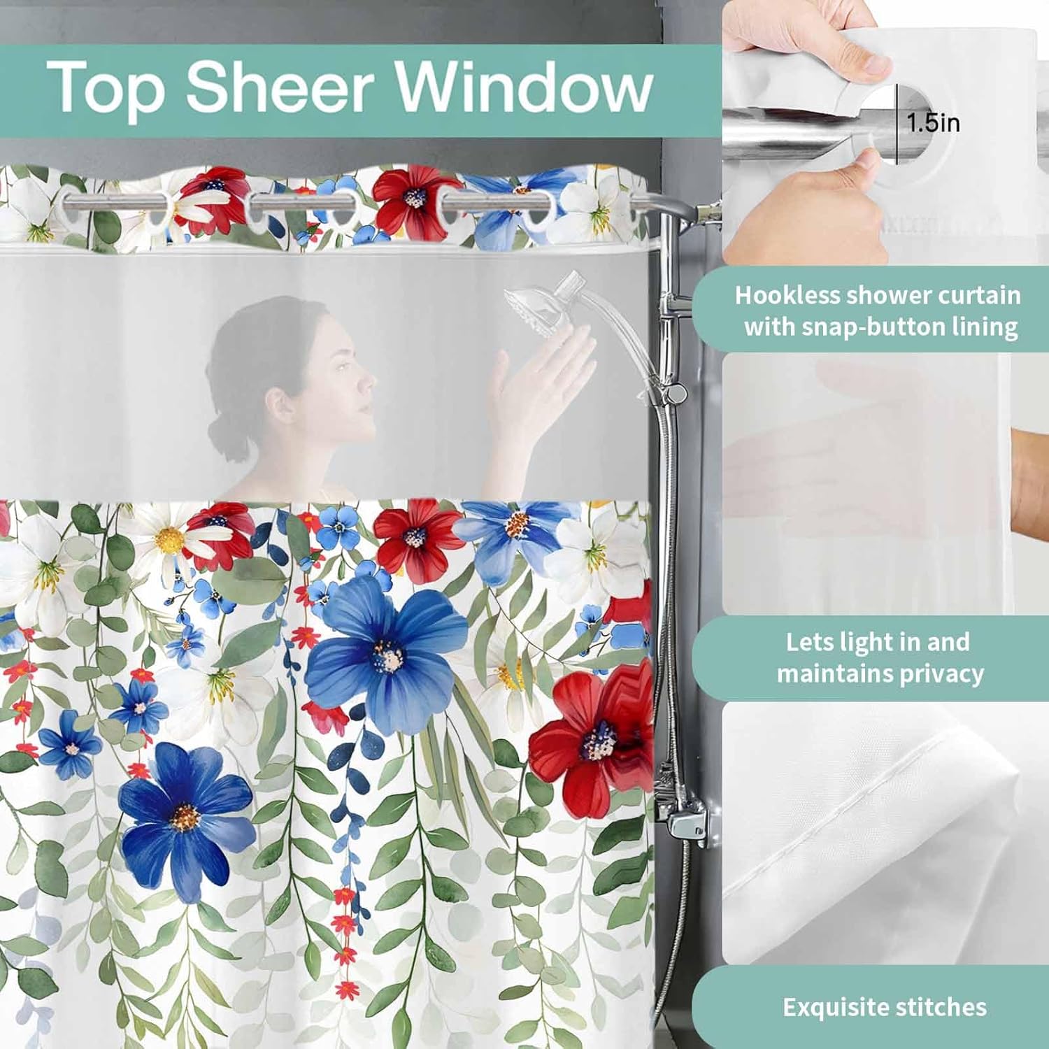 No Hook Shower Curtain and Snap in Liner Set, Red Blue Flowers 4th of July Fabric Bathroom Shower Curtains 66x72 Inch, See Through Mesh Top Window, Independence Day Botanical Hotel Style, Washable
