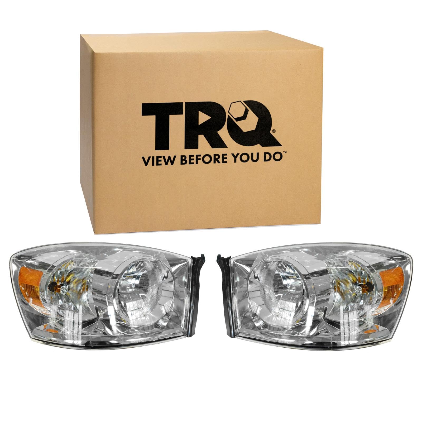TRQ 2 Piece Headlight Assembly Set Halogen Chrome Bezel Driver &amp; Passenger Side Compatible with Dodge Ram 1500 2007-2008 Dodge Ram 2500, 3500 2007-2009 CH2502180 CH2503180 68003124AD 68003125AD