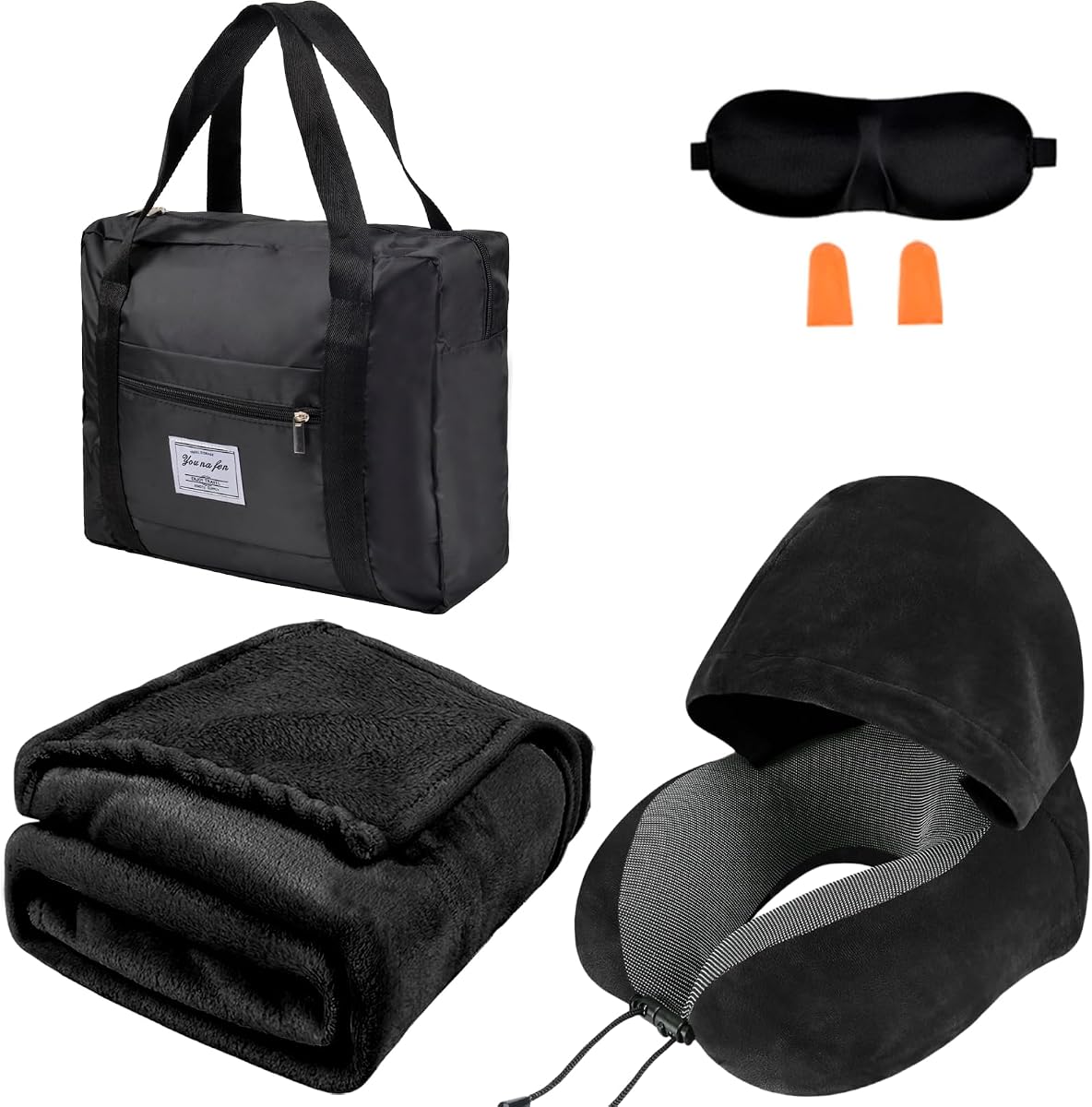 Travel Blanket and Pillow Set - Hooded Neck Pillow Airplane Essential Black | Memory Foam, Sleep Mask, Earplugs, Foldable Duffel Bag Soft Comfort for Long Plane Flight Traveling Car Road Trip Flying