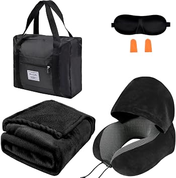 Travel Blanket and Pillow Set - Hooded Neck Pillow Airplane Essential Black