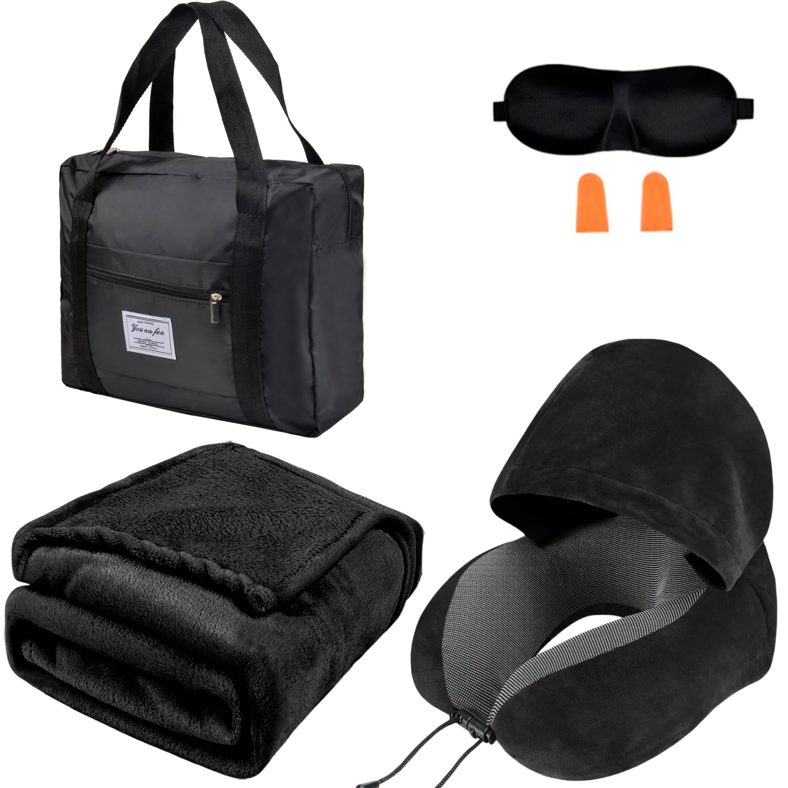 Juego de almohada de viaje – Almohada de cuello de viaje y manta para avión, manta gruesa de forro polar, almohadas de cuello de espuma viscoelástica con capucha, bolsa de lona plegable, máscara de