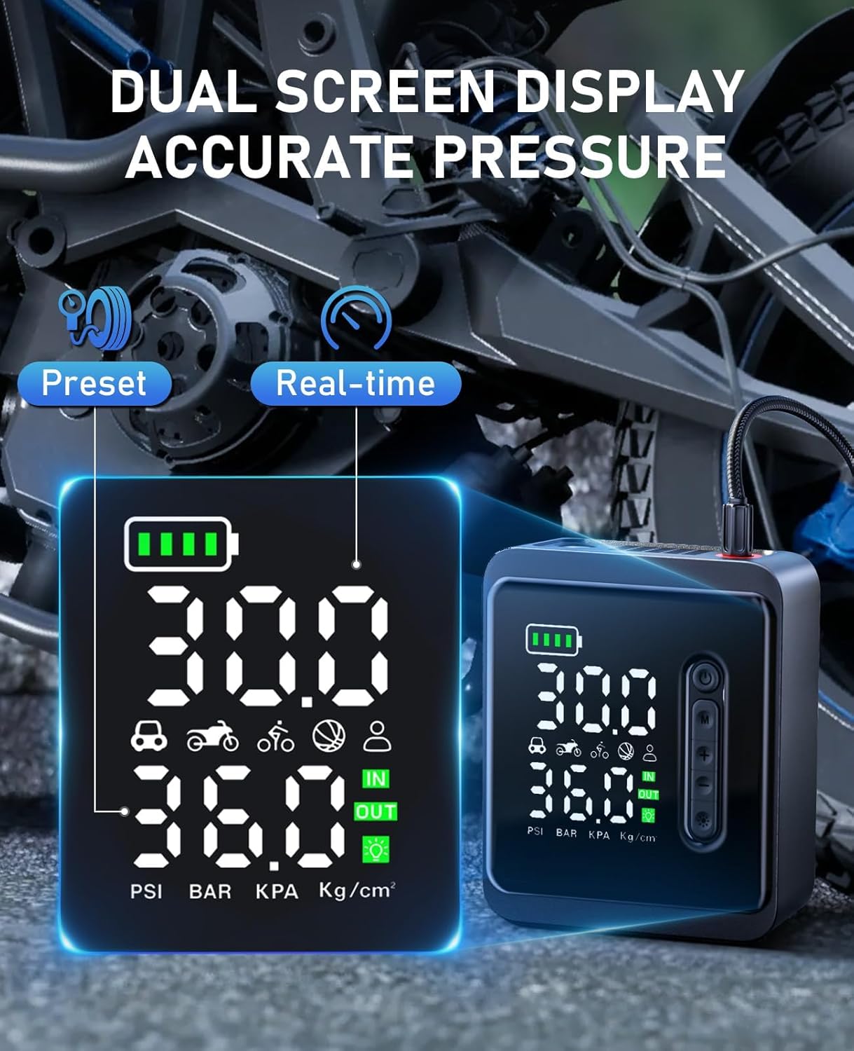 Tire Inflator Portable Air Compressor, 150PSI Cordless Air Pump for Car Tires, 3X Faster Battery & 12V DC Dual Power Electric Bike Pump with Pressure Gauge, for Car Bicycle Ball and More - Image 6