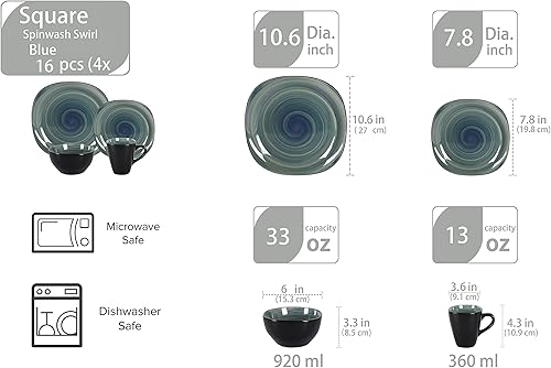 Miniatura 2 de Juego de vajilla cuadrada de gres de 16 piezas, diseño de espiral, color azul y negro exterior