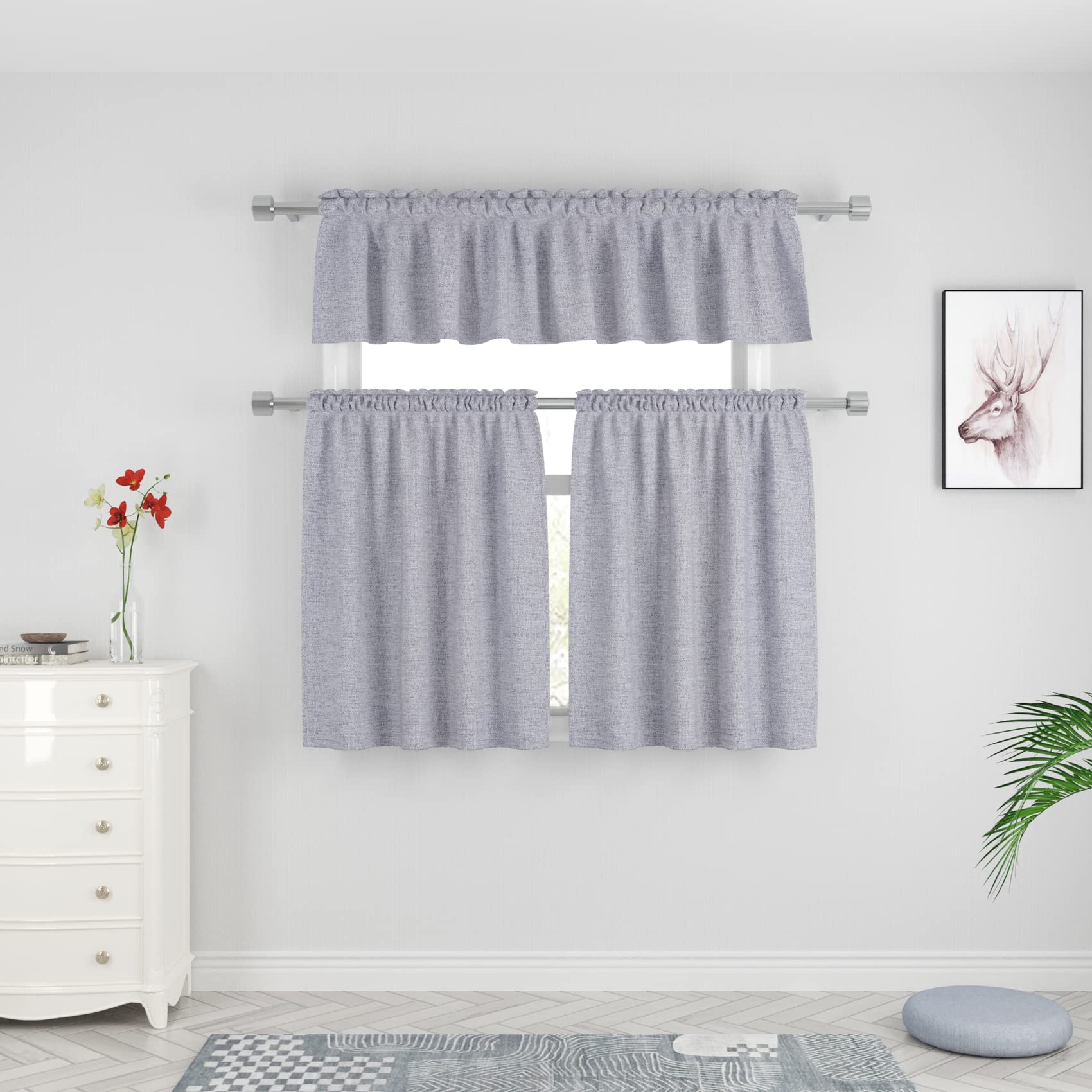 UPOPO Lot de 3 rideaux et cantonnière gris texturé en lin pour cuisine, salle de bain, café, sous-sol, passe-tringle, 76,2 cm