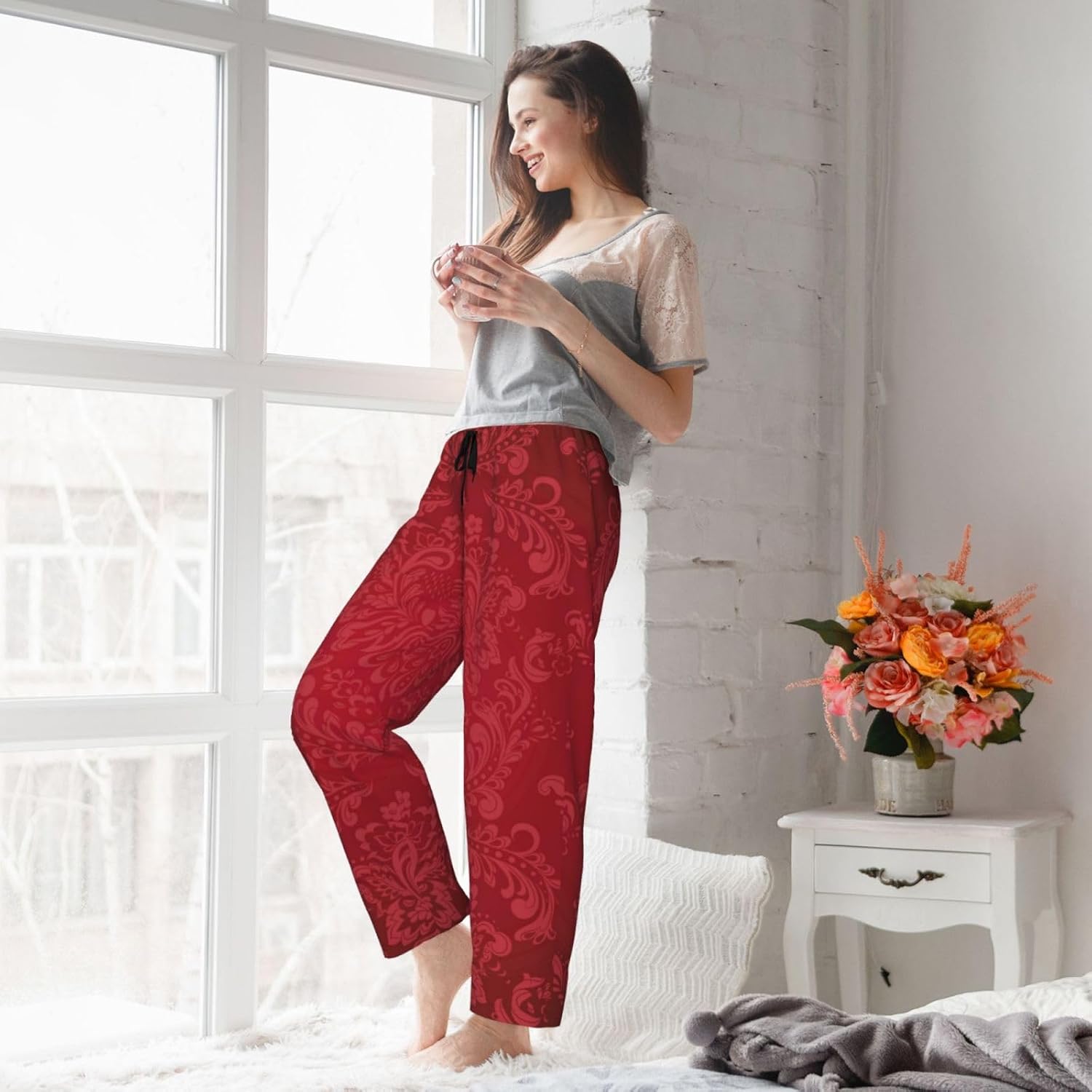 Women'S Soft Pajama Pants,Comfy Casual Vintage Floral Lounge Pants With Pockets,Sleep Pajama Bottoms For Women
