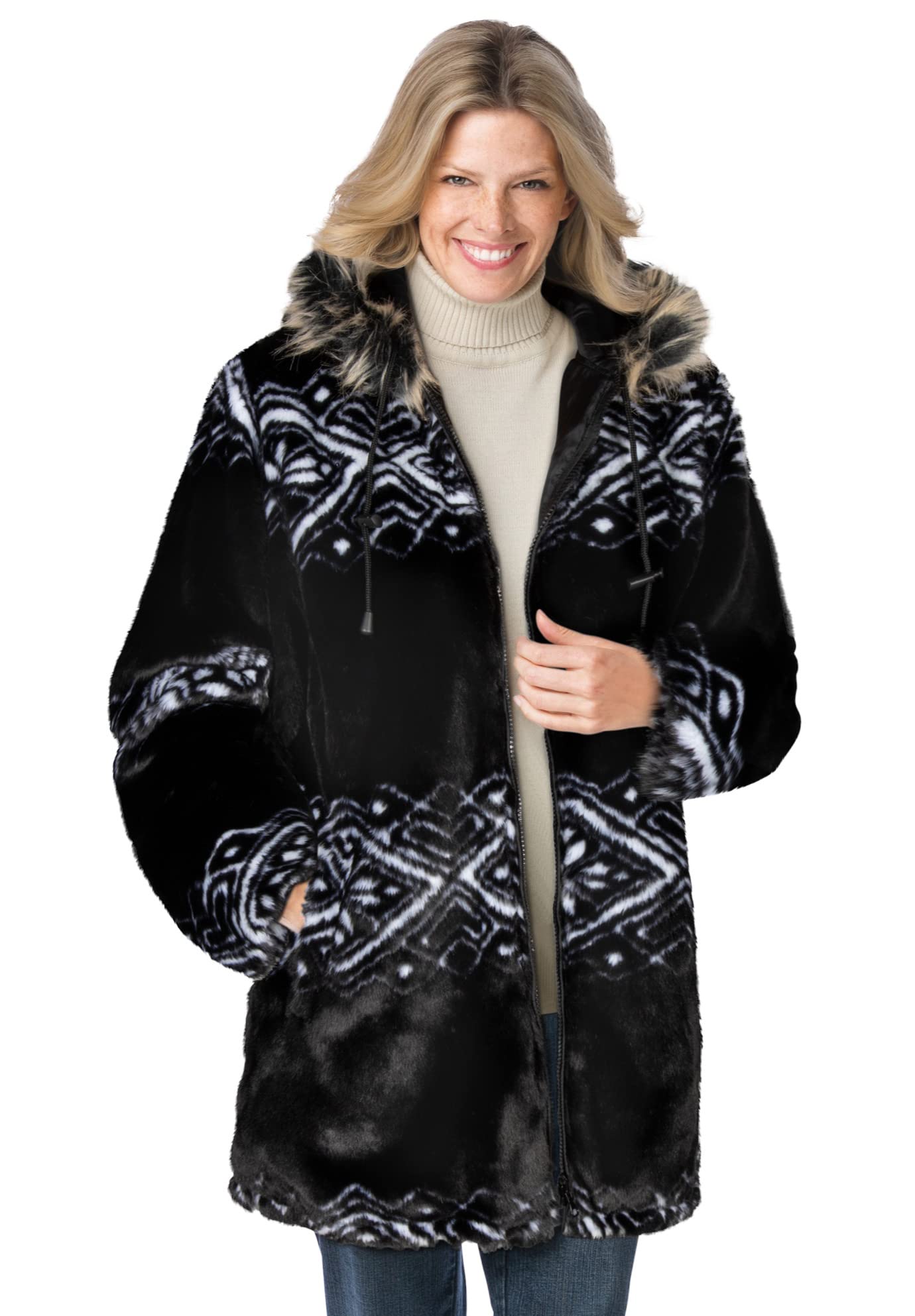 Woman Within Womens Plus Size Faux Fur Snowflake Print Hooded