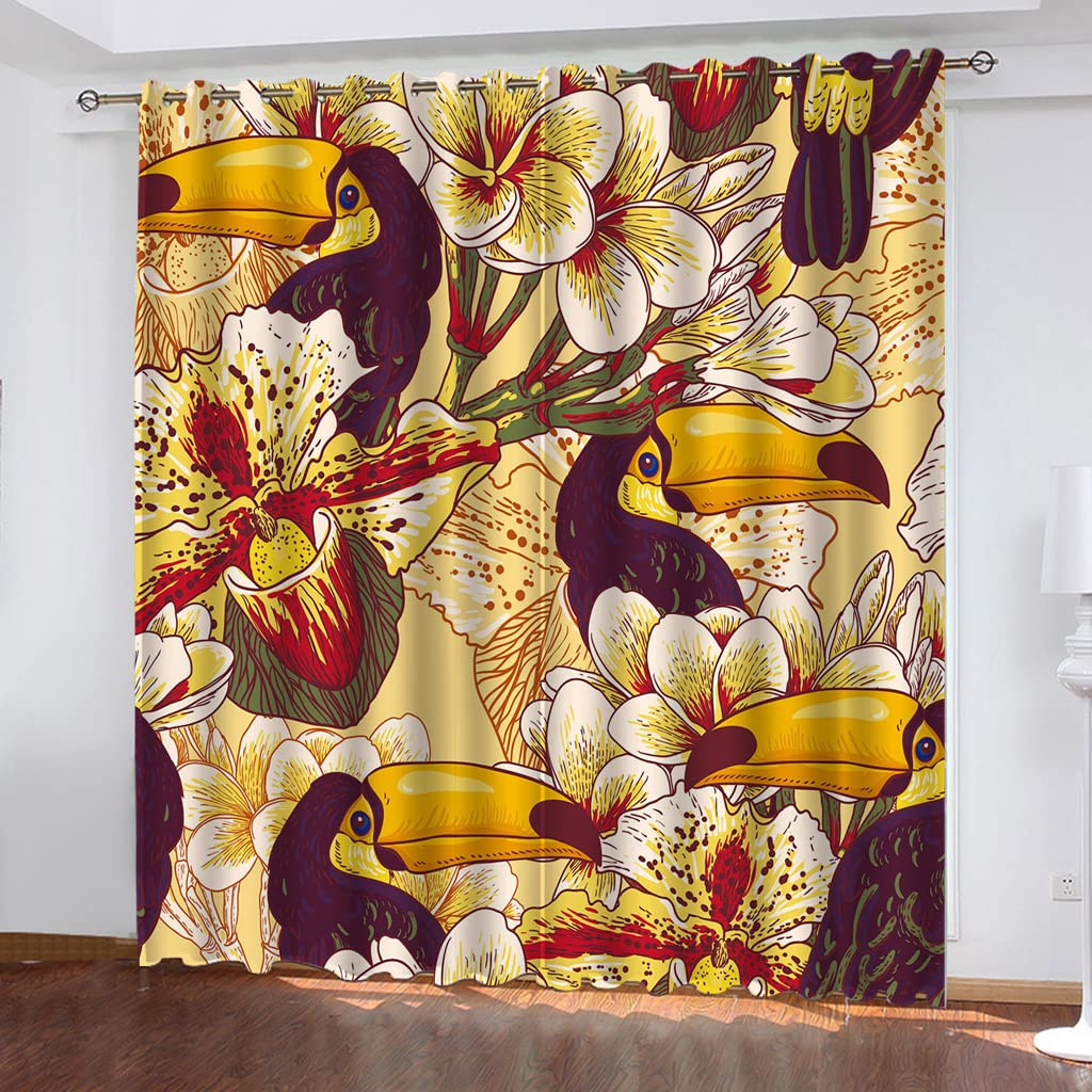 Rideau 3D fleur dorée et oiseau tropical aux finitions haut de gamme pour intérieur