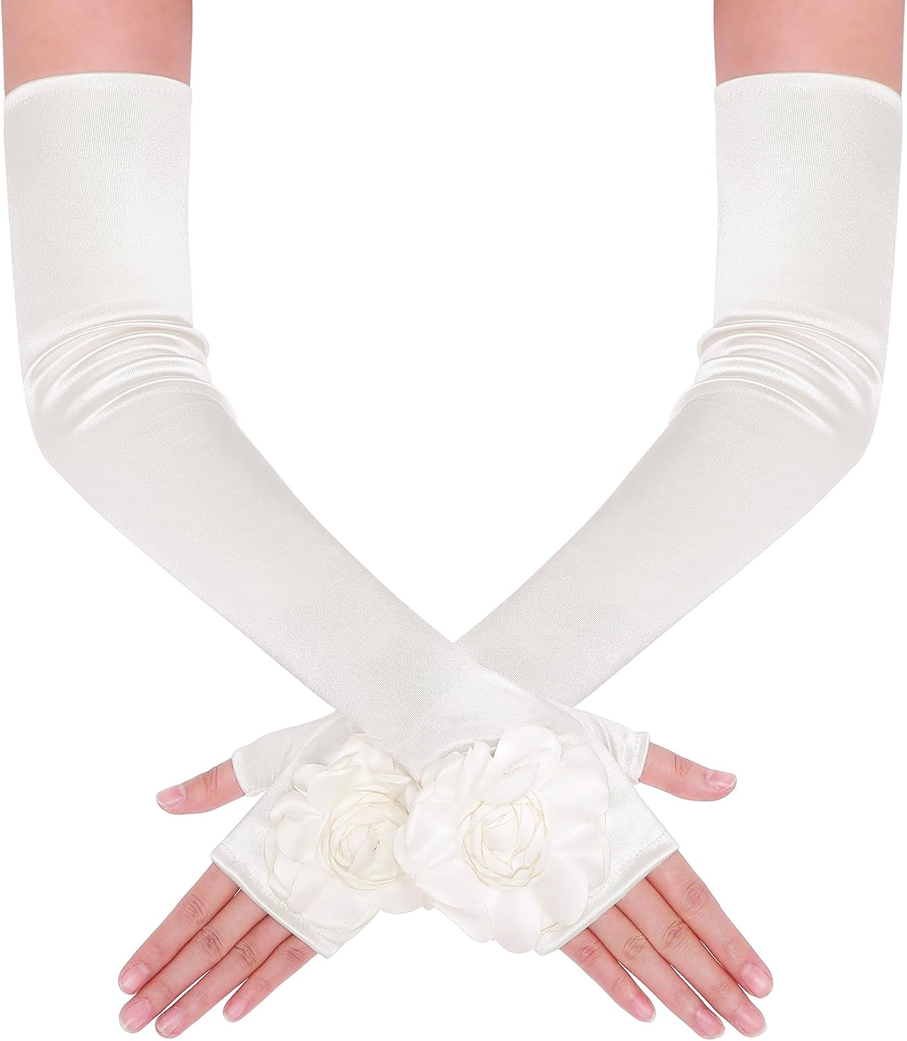 BABEYOND Opera Gloves for Women - Long Floral Satin Fingerless Gloves Stretchy Elegant Tea Party Accessories for Wedding Prom
