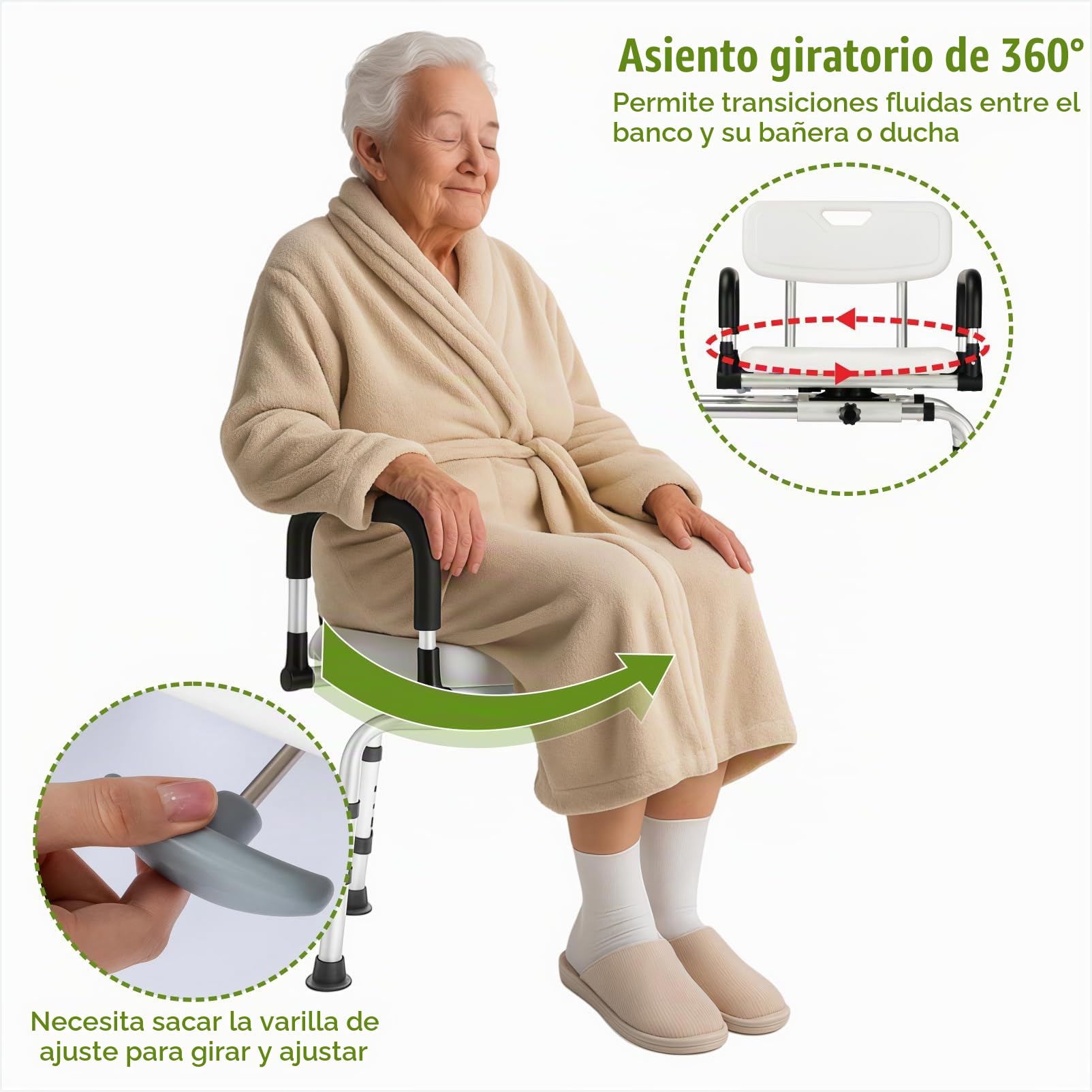 Silla de ducha deslizante con asiento giratorio, banco de transferencia de bañera para ancianos, discapacitados y discapacitados, asiento giratorio de 360°, altura ajustable de 14 a 19 pulgadas